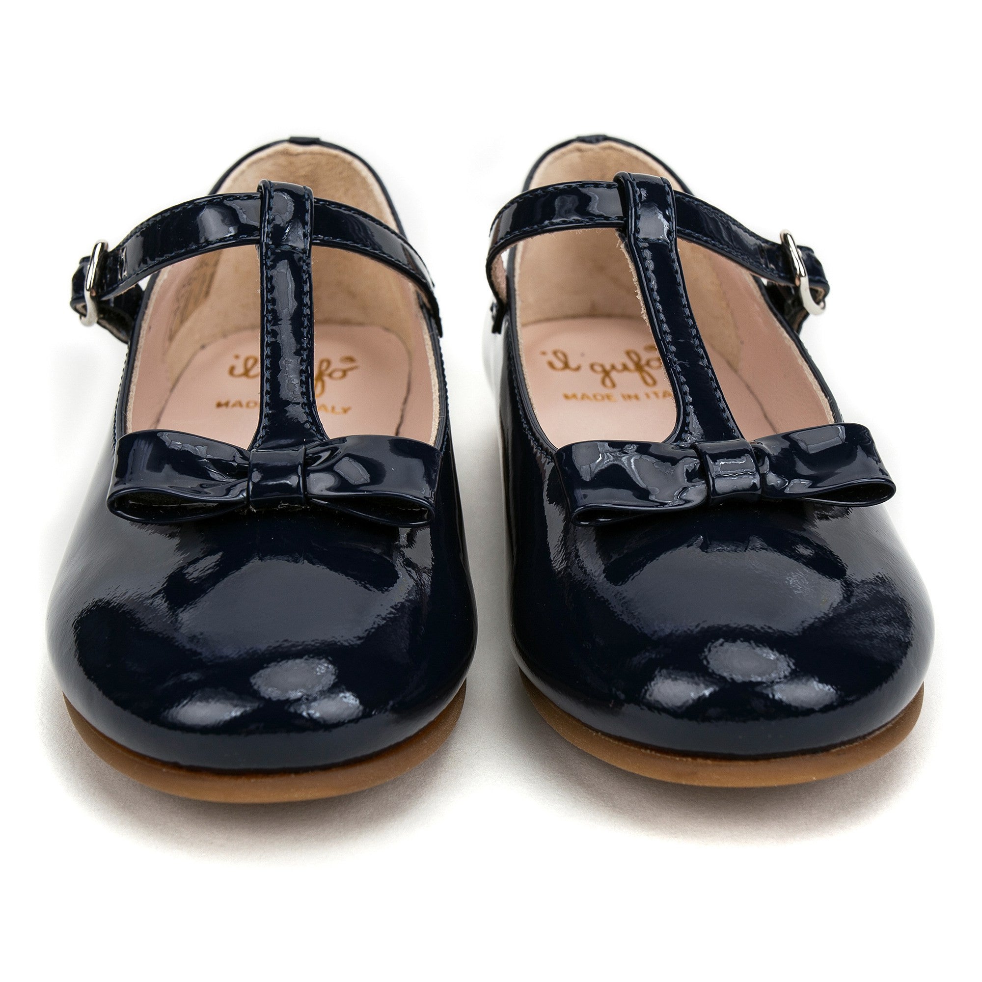 Girls Blue Patent Leather T-Bar Shoes With Bow Trims