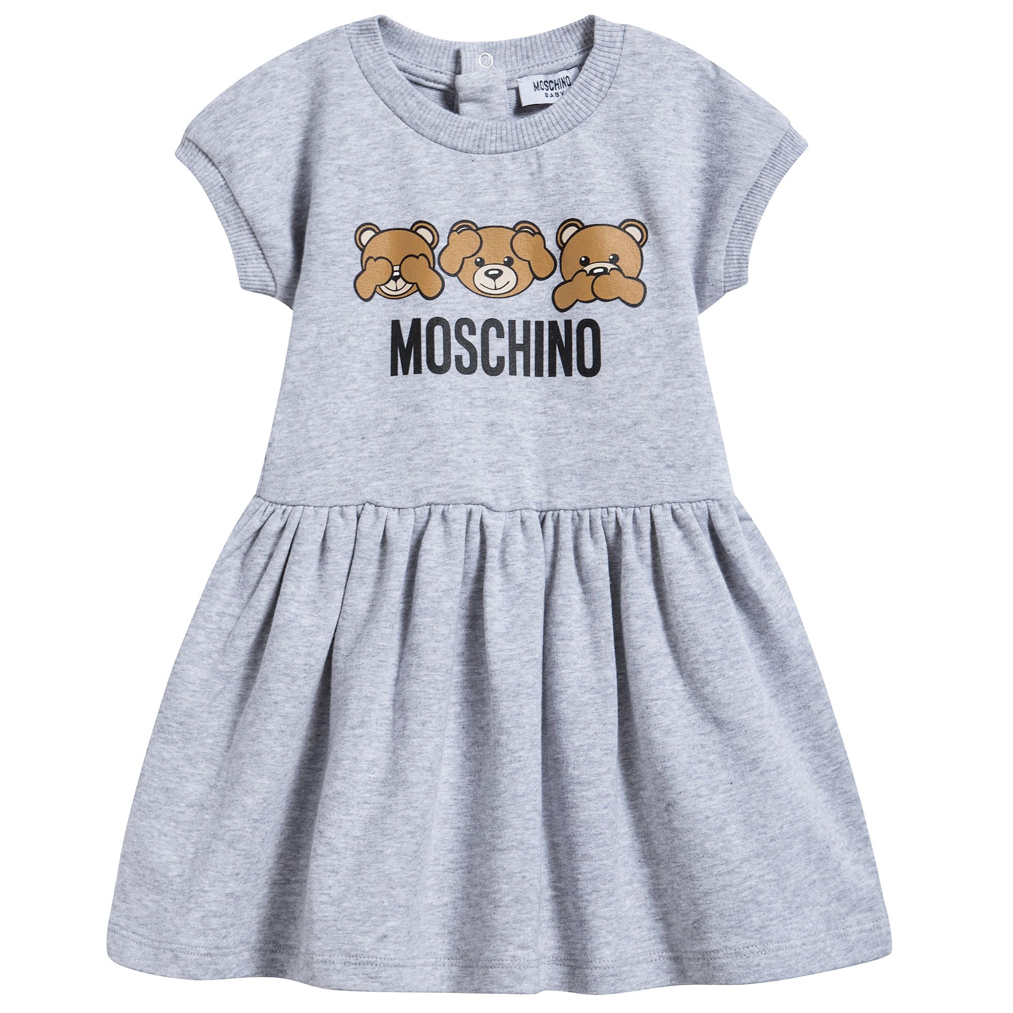 Girls Melange Grey Cotton Teddy Bear Dress