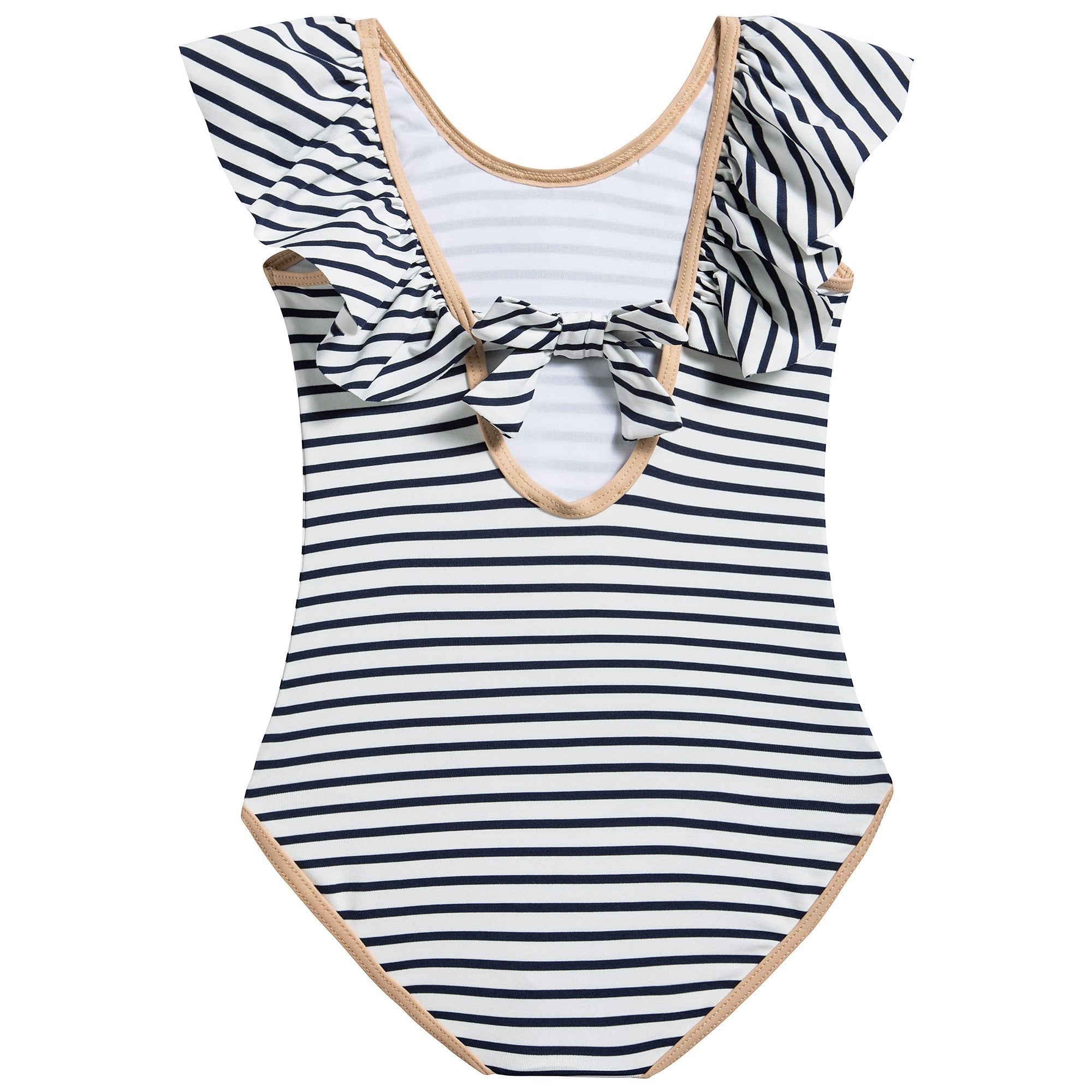 Girls White & Black Striped Polyamide Swimwear