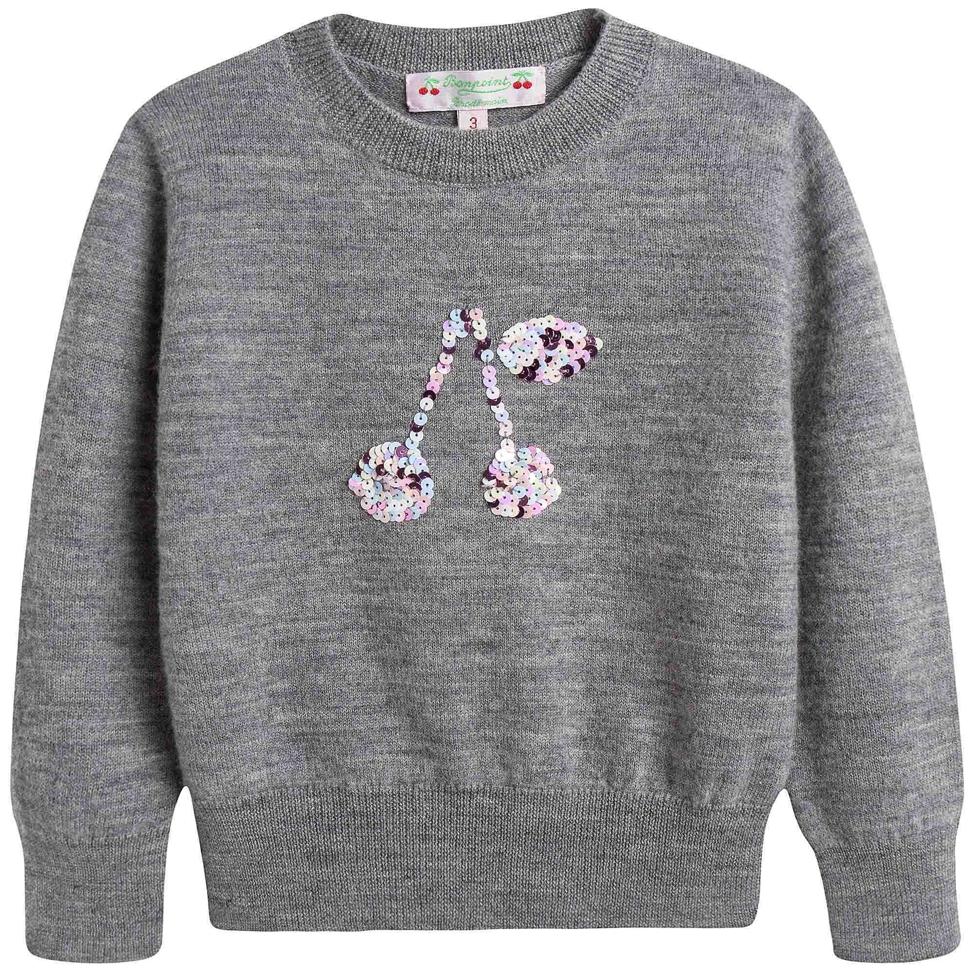 Girls Grey Embroidered Sequins Wool Sweater - CÉMAROSE | Children's Fashion Store - 1