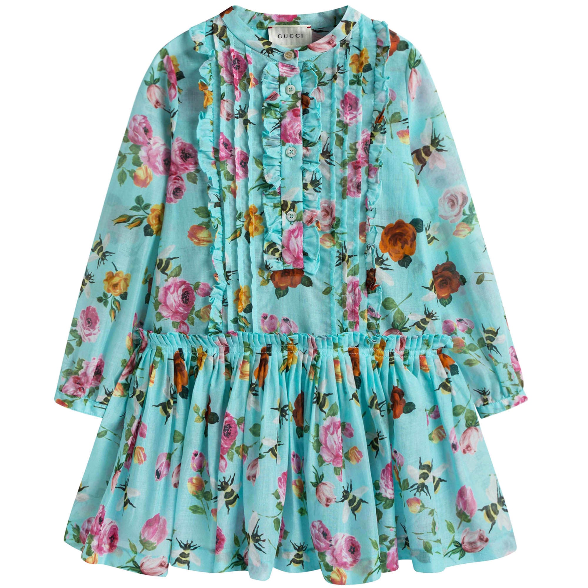 Girls Blue Cotton Dress With Multicolor Flower Print Trims