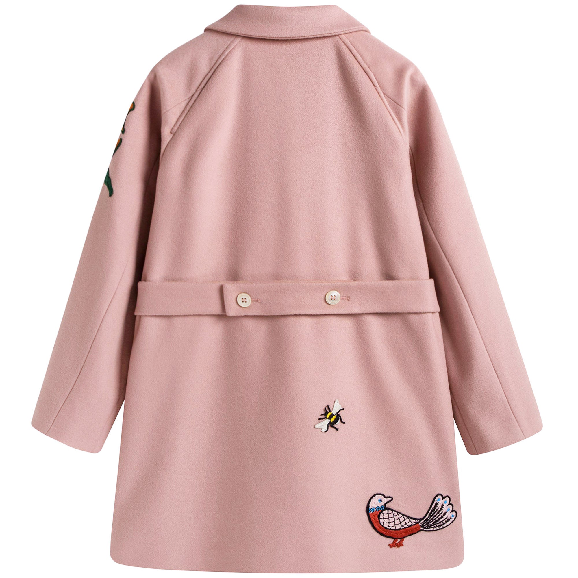 Girls Pink Wool Coat With Embroidered Flower Trims
