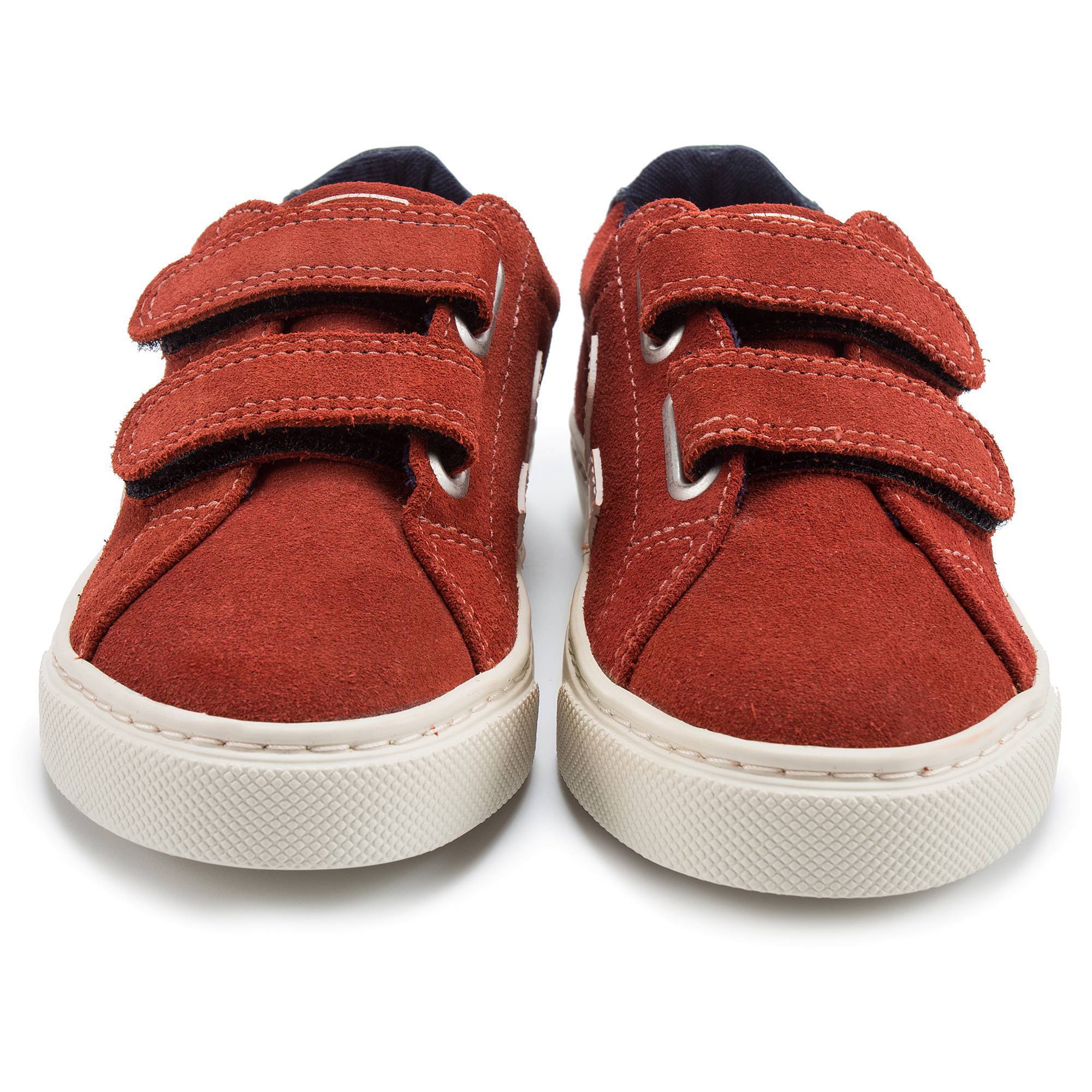 Girls & Boys Red Leather Velcro With White "V" Shoes