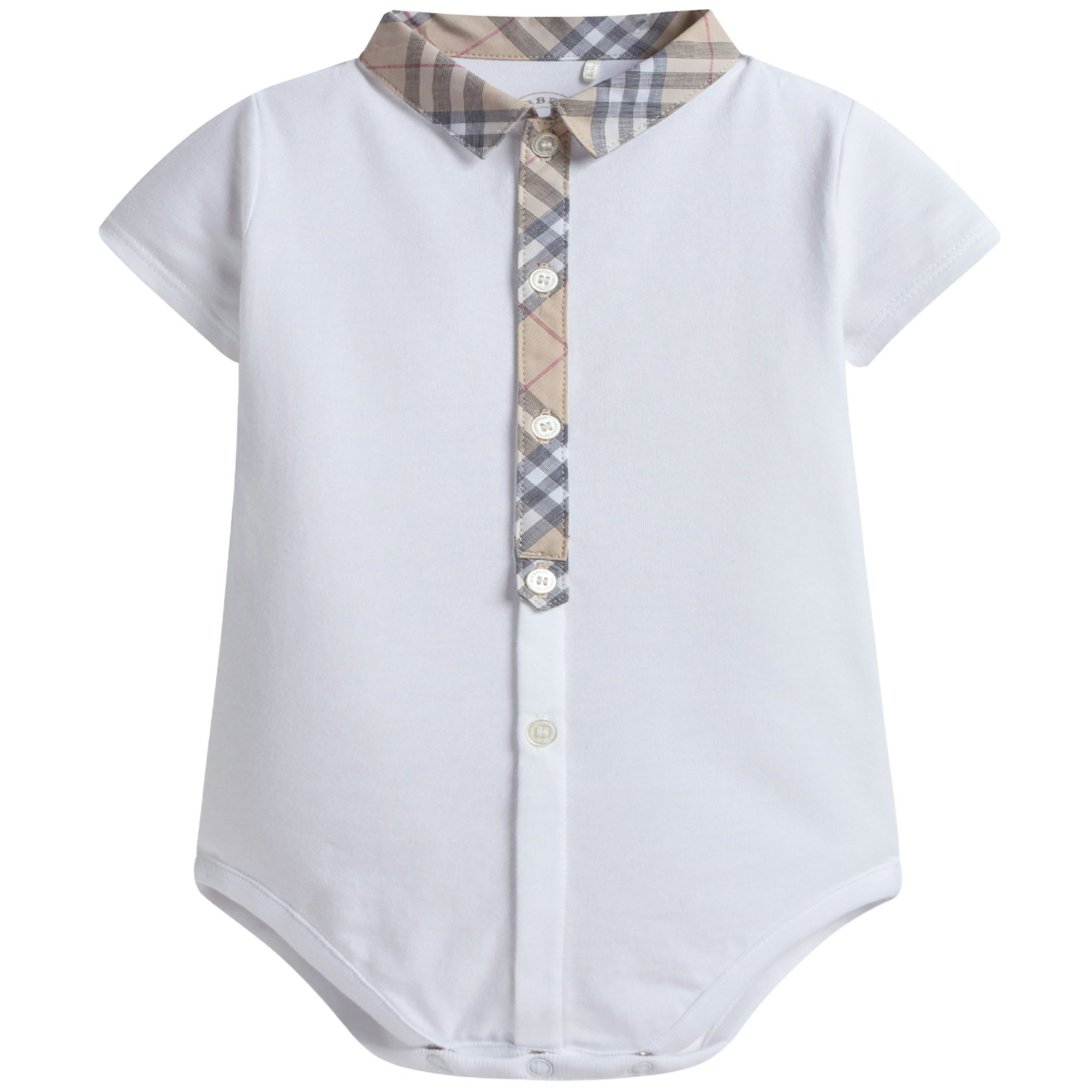 Baby White Bodysuits With Beige Check Collar