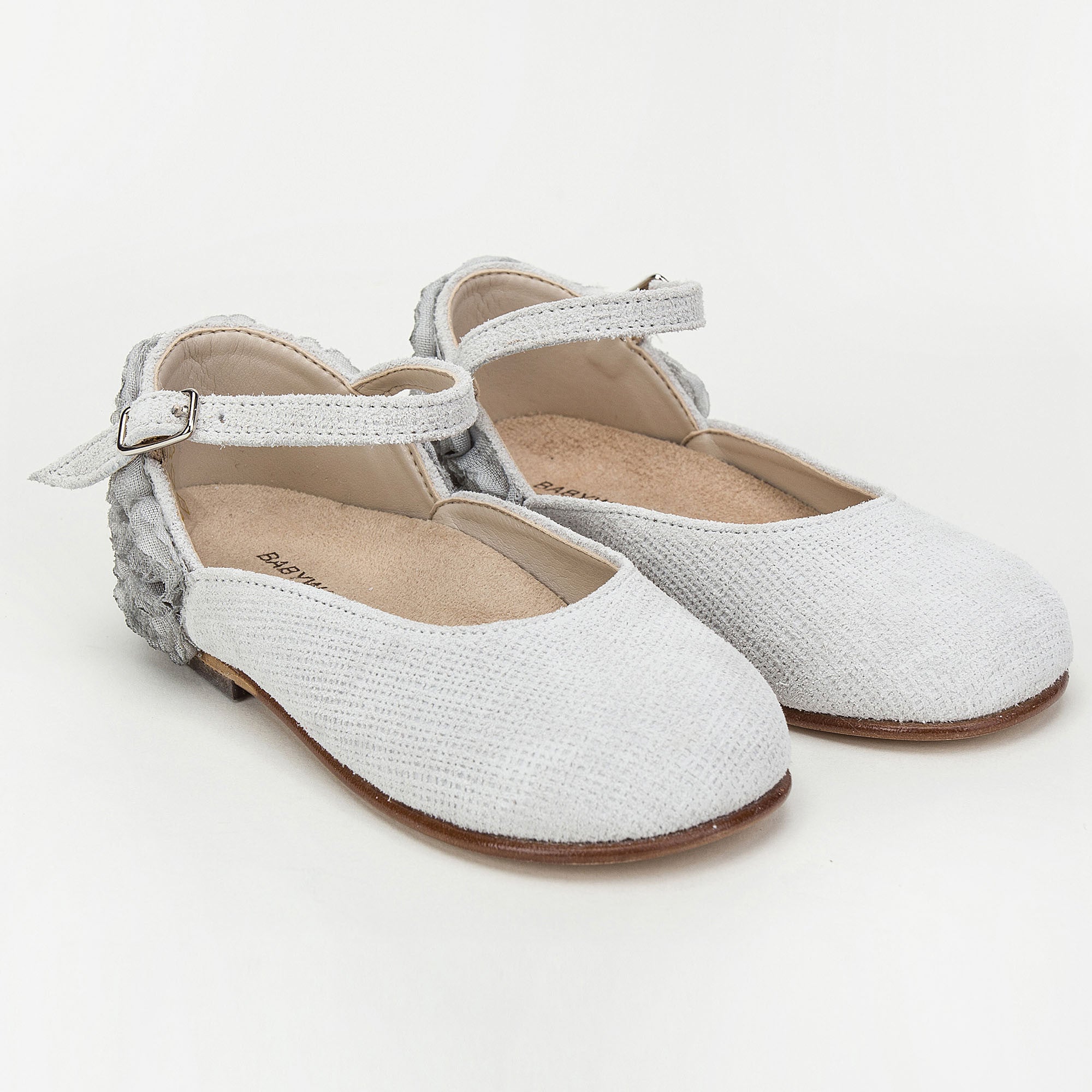 Girls Grey Chiffon Flowers Embellished Heel Leather Ballerinas
