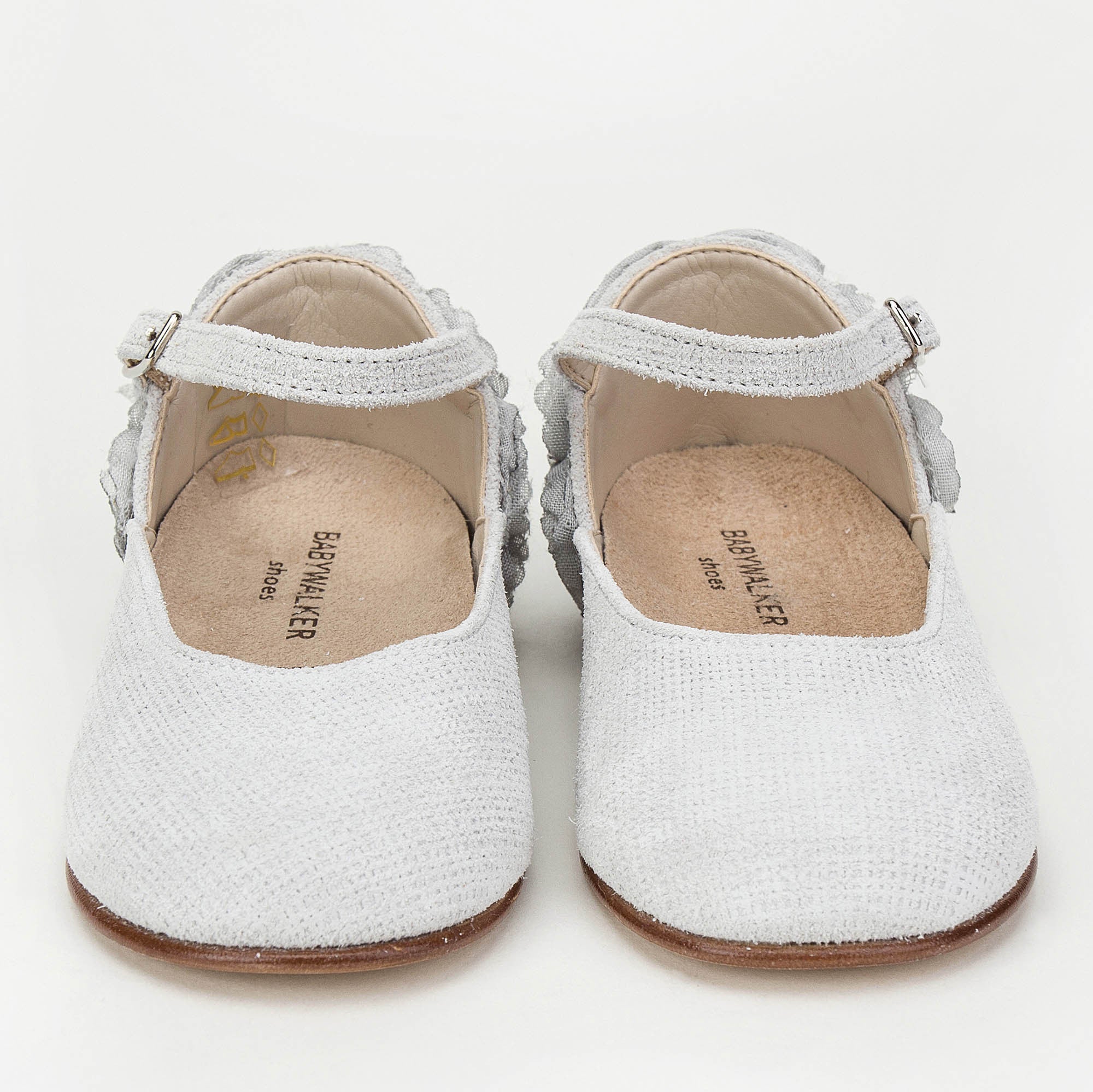 Girls Grey Chiffon Flowers Embellished Heel Leather Ballerinas