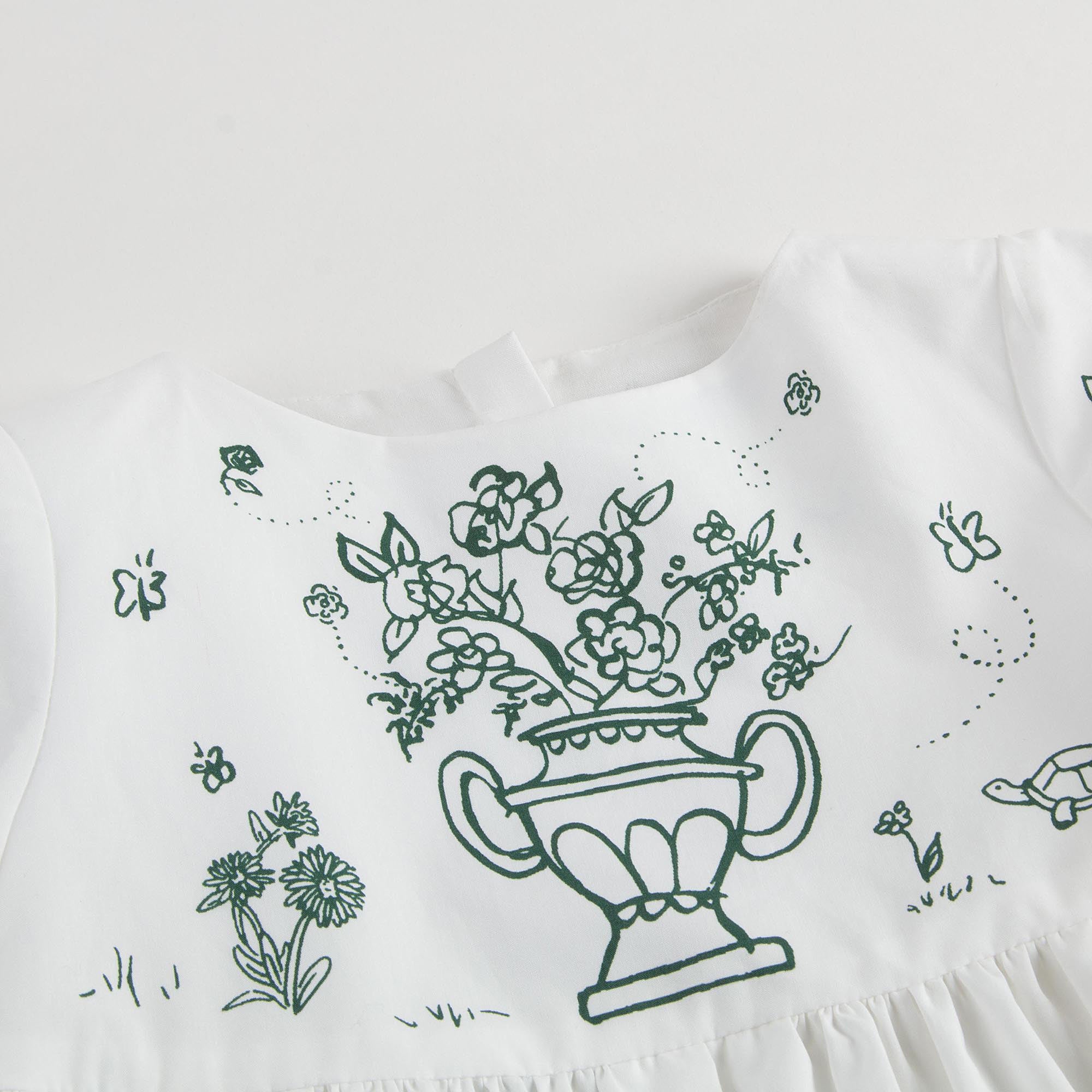 Robe Fille Bébé Blanche avec Imprimés Garnitures Jardin Botanique