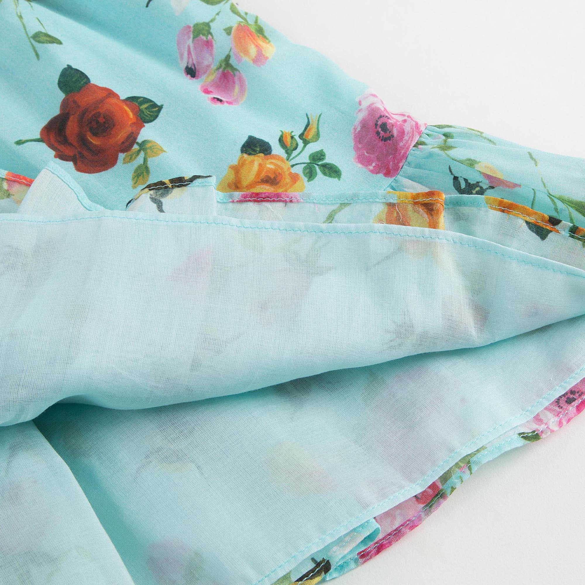 Baby Girls Blue Cotton Dress With Multicolor Flower Print Trims