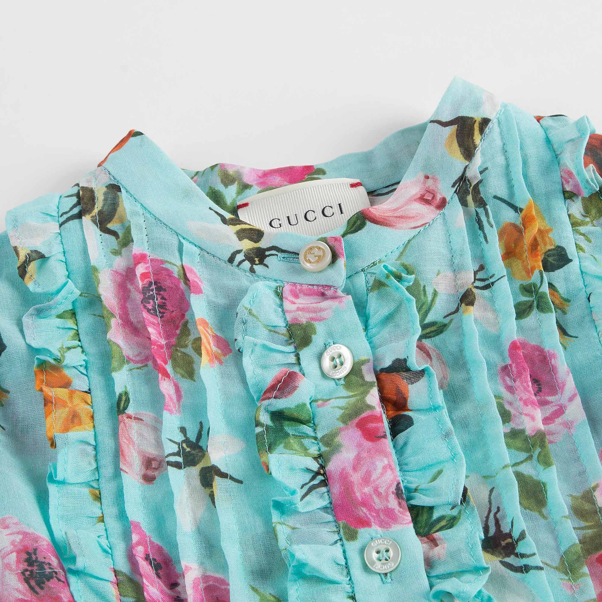 Girls Blue Cotton Dress With Multicolor Flower Print Trims