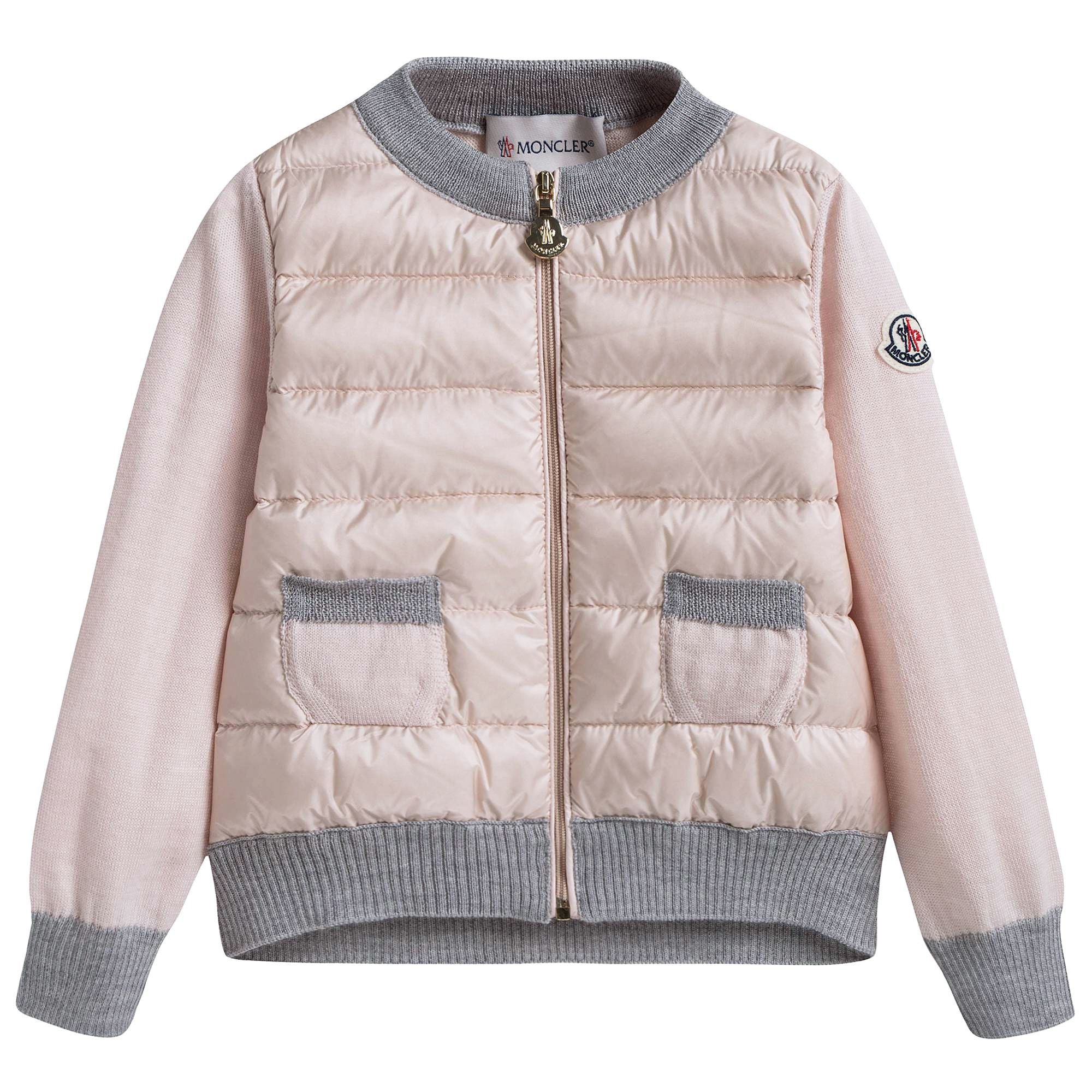 Baby Girls Pink Down Padded Cardigan With Grey Trim
