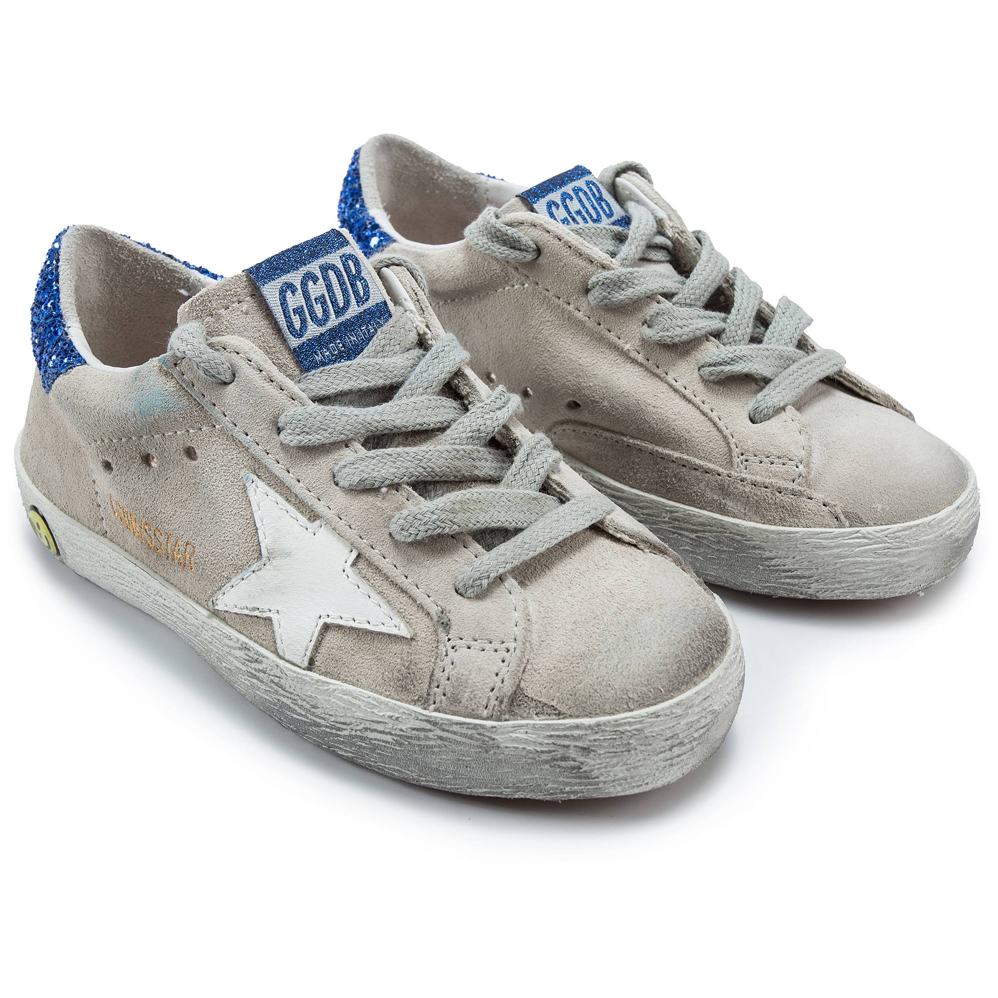 Girls White Suede Blue Glitter Cow Leather Sneakers