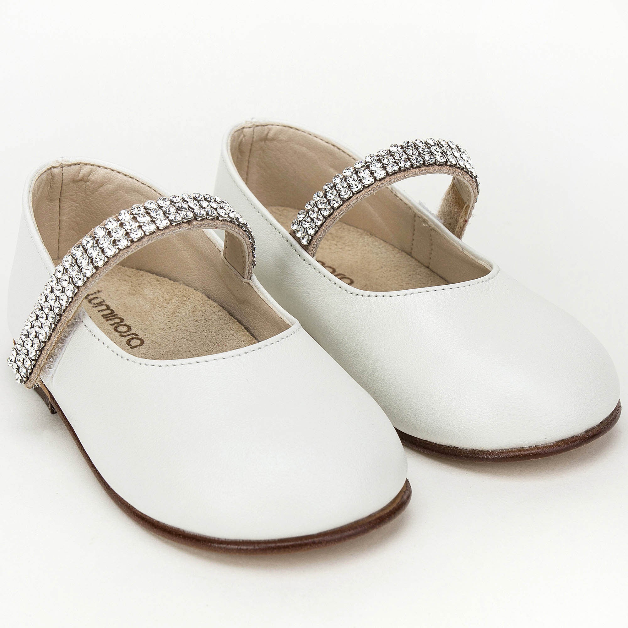 Girls Ivory Leather Shoes With White Diamond Trims