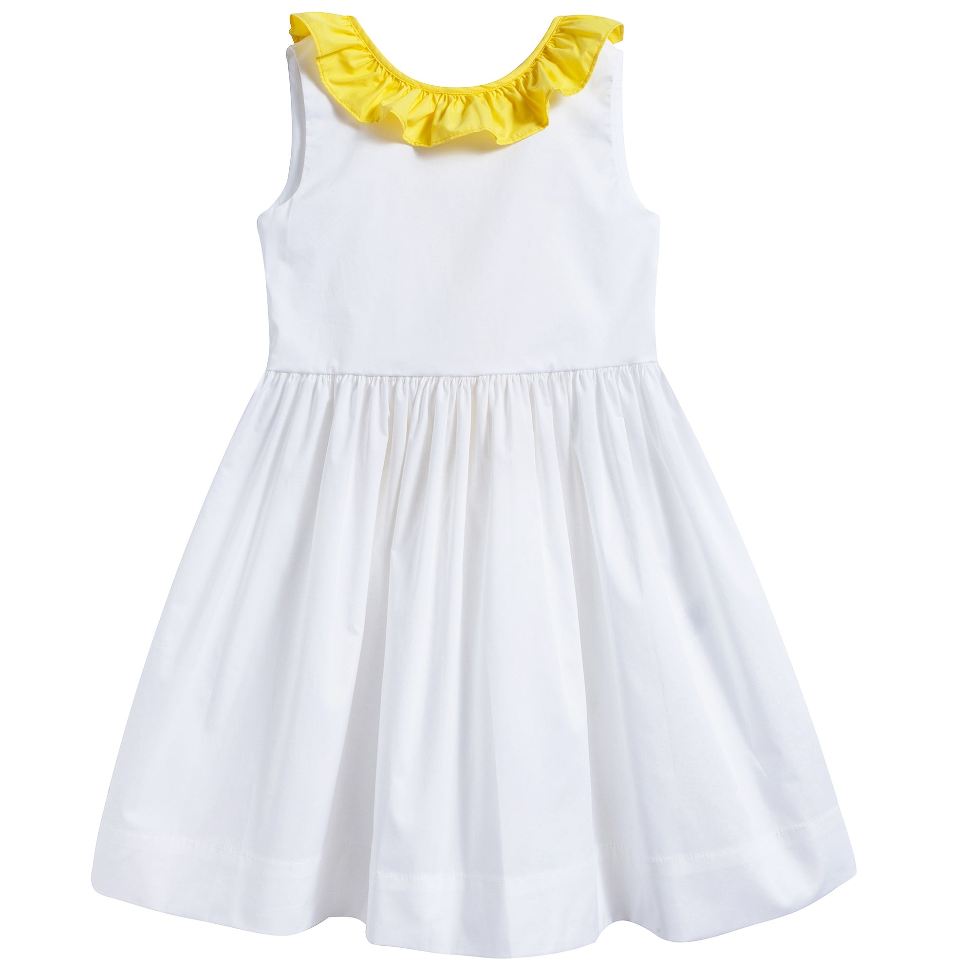 Girls White & Yellow Broom Cotton Sleeveless Dress