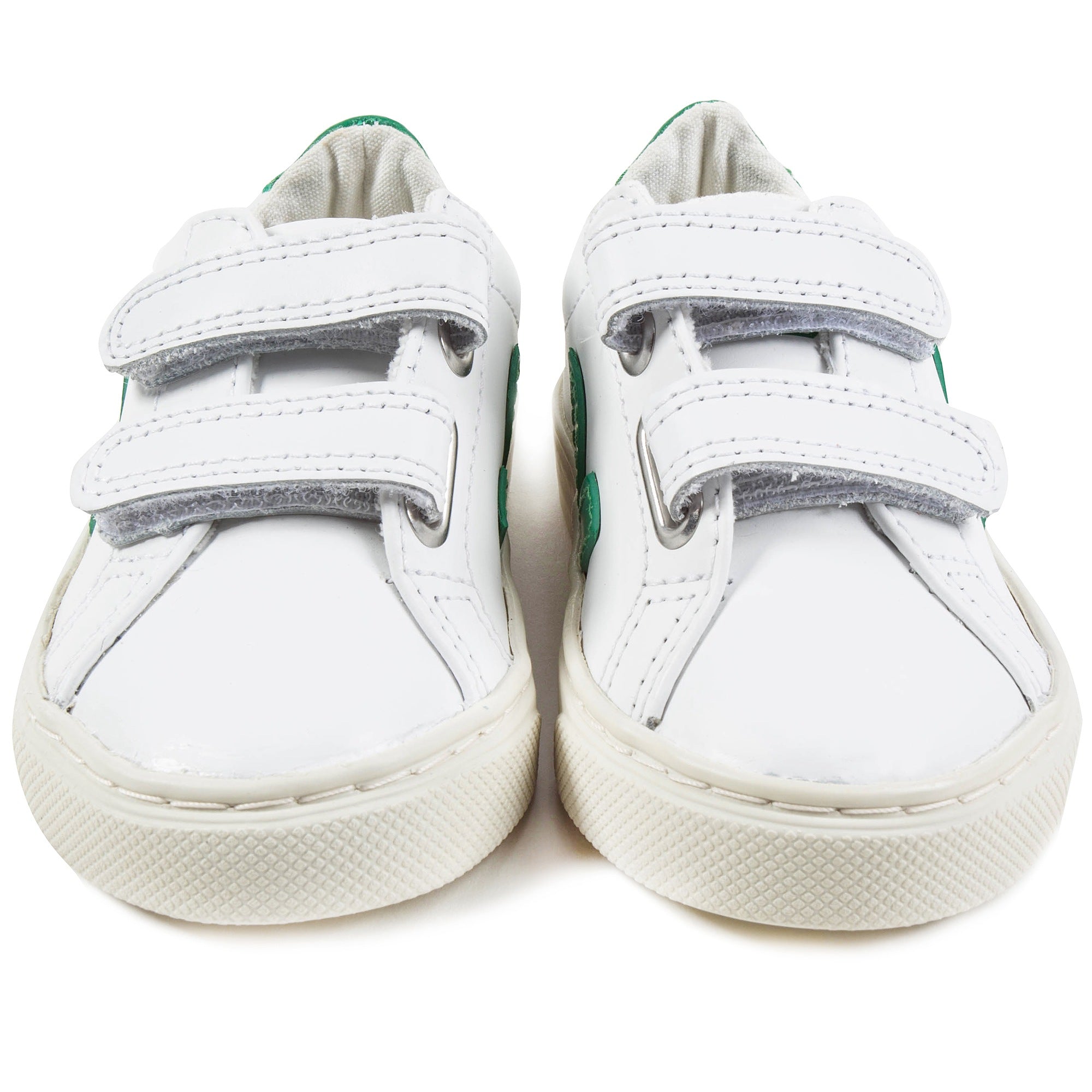 Girls & Boys White Leather Velcro With Green "V" Shoes