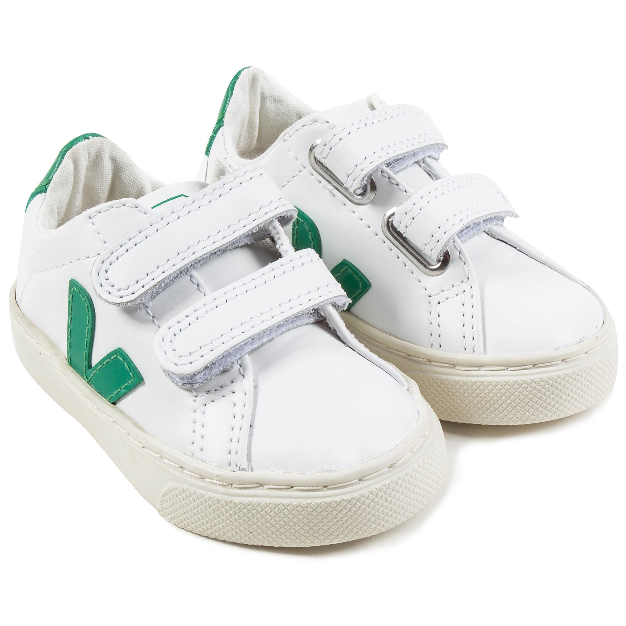 Girls & Boys White Leather Velcro With Green "V" Shoes