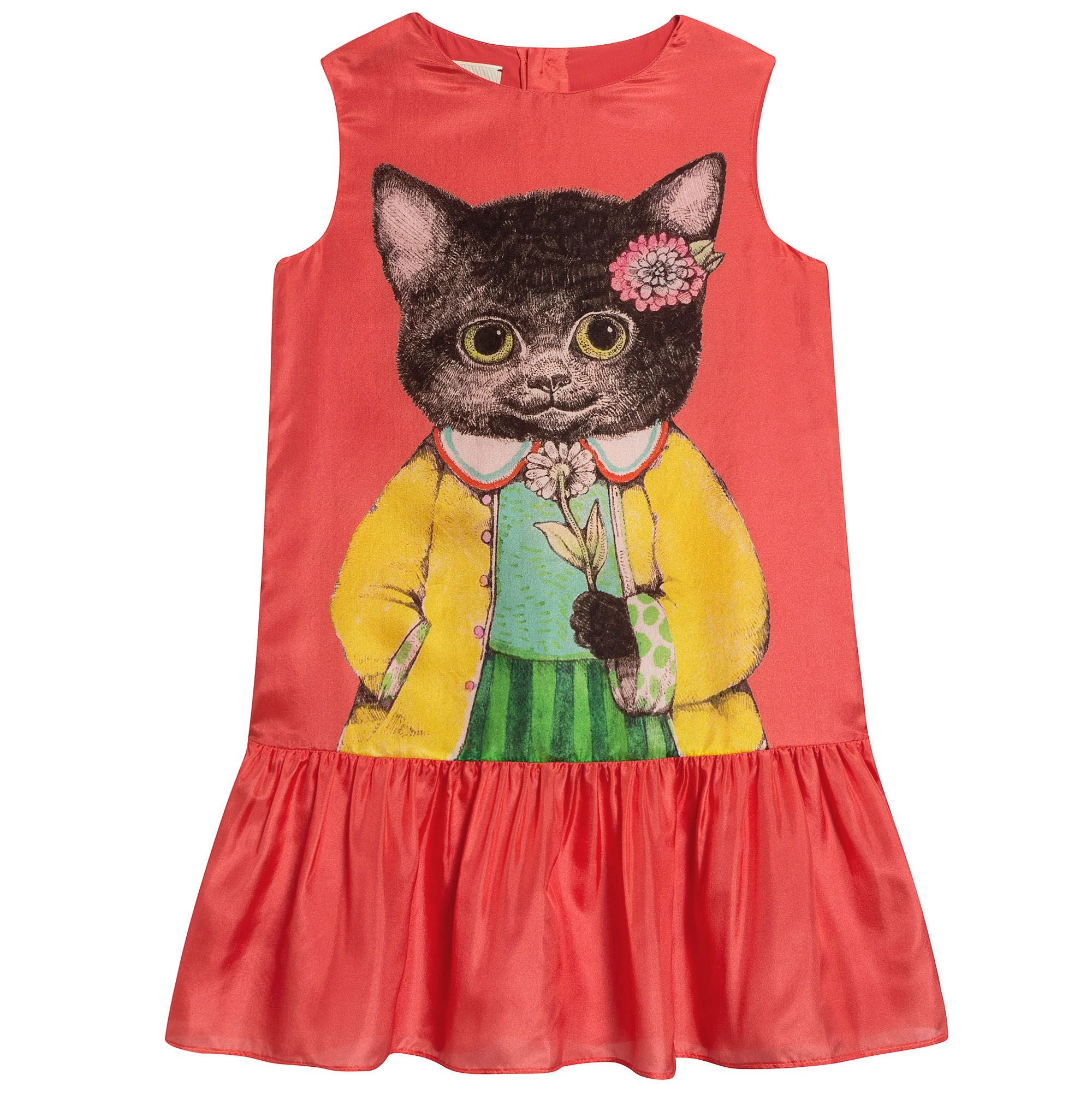Girls Light Coral Printed Cat Silk Dress