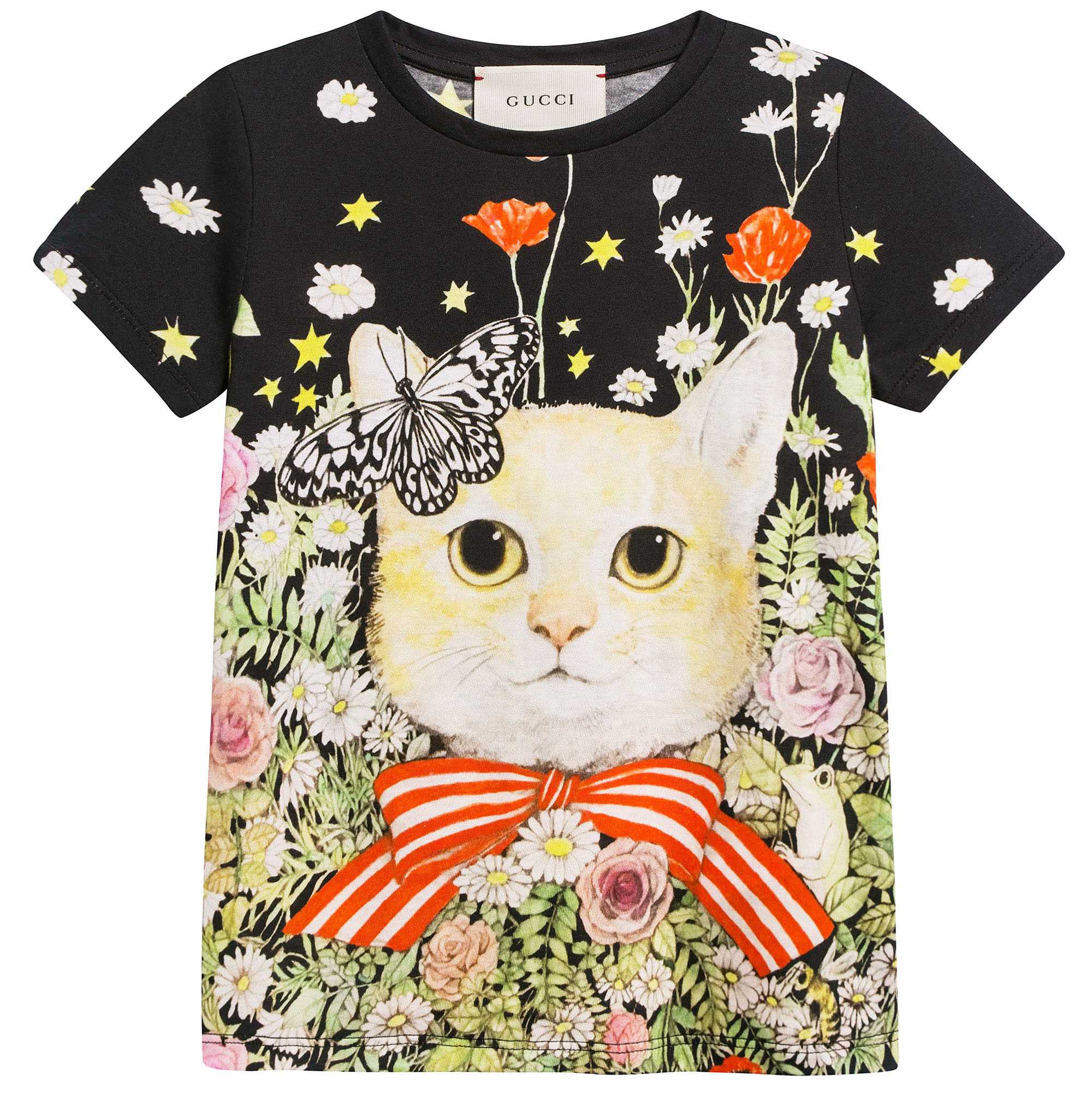 Girls Black Multicolor Cat T-shirt