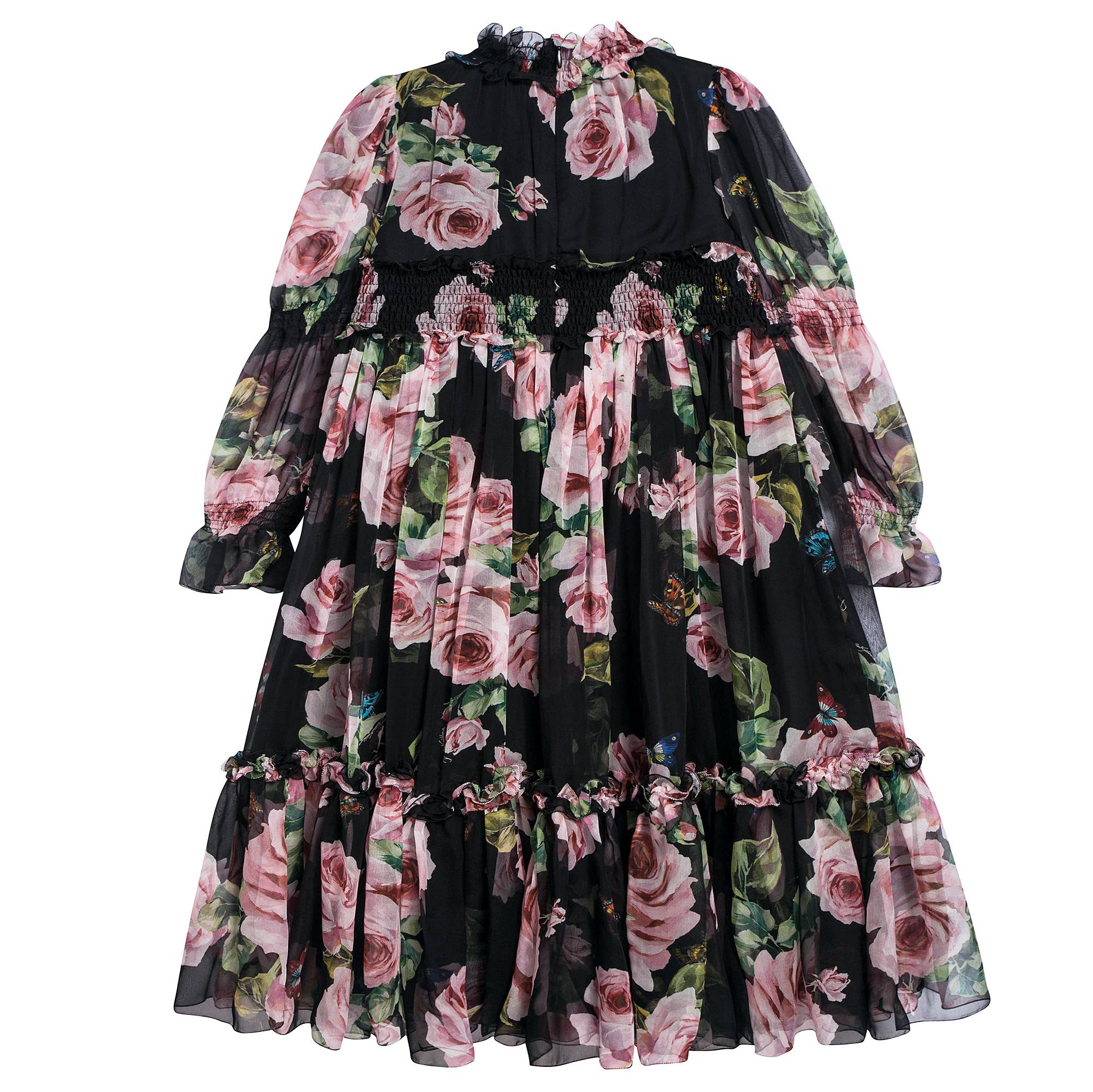 Girls Black Rose Silk Chiffon Dress