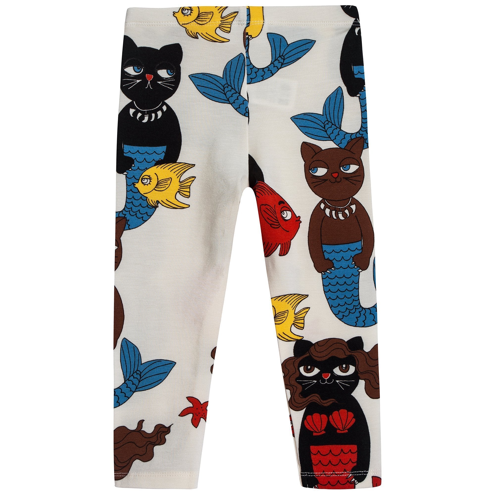 Girls Off White Cotton Cat Mermaid Leggings