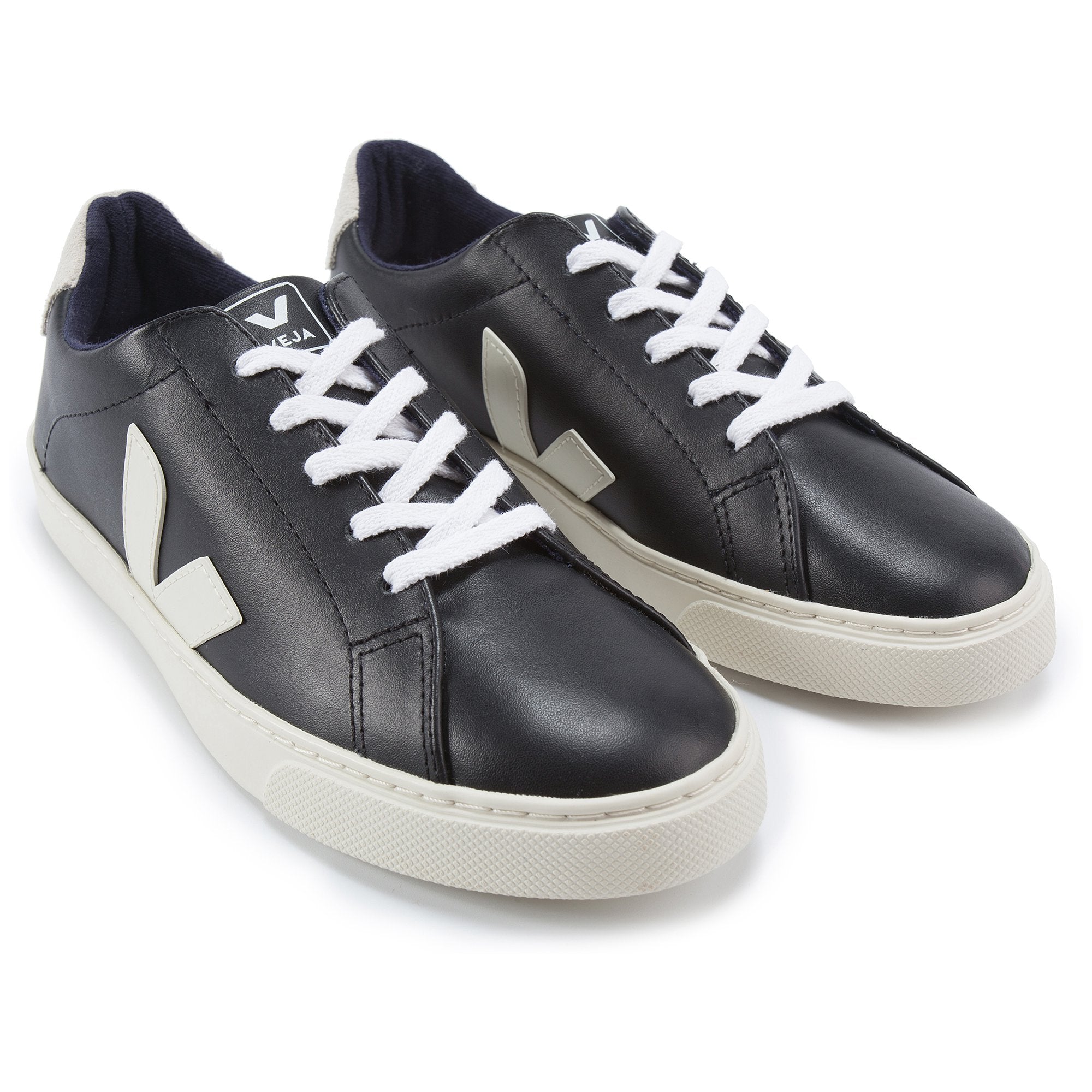 Girls & Boys Black Leather Velcro With White "V" Shoes