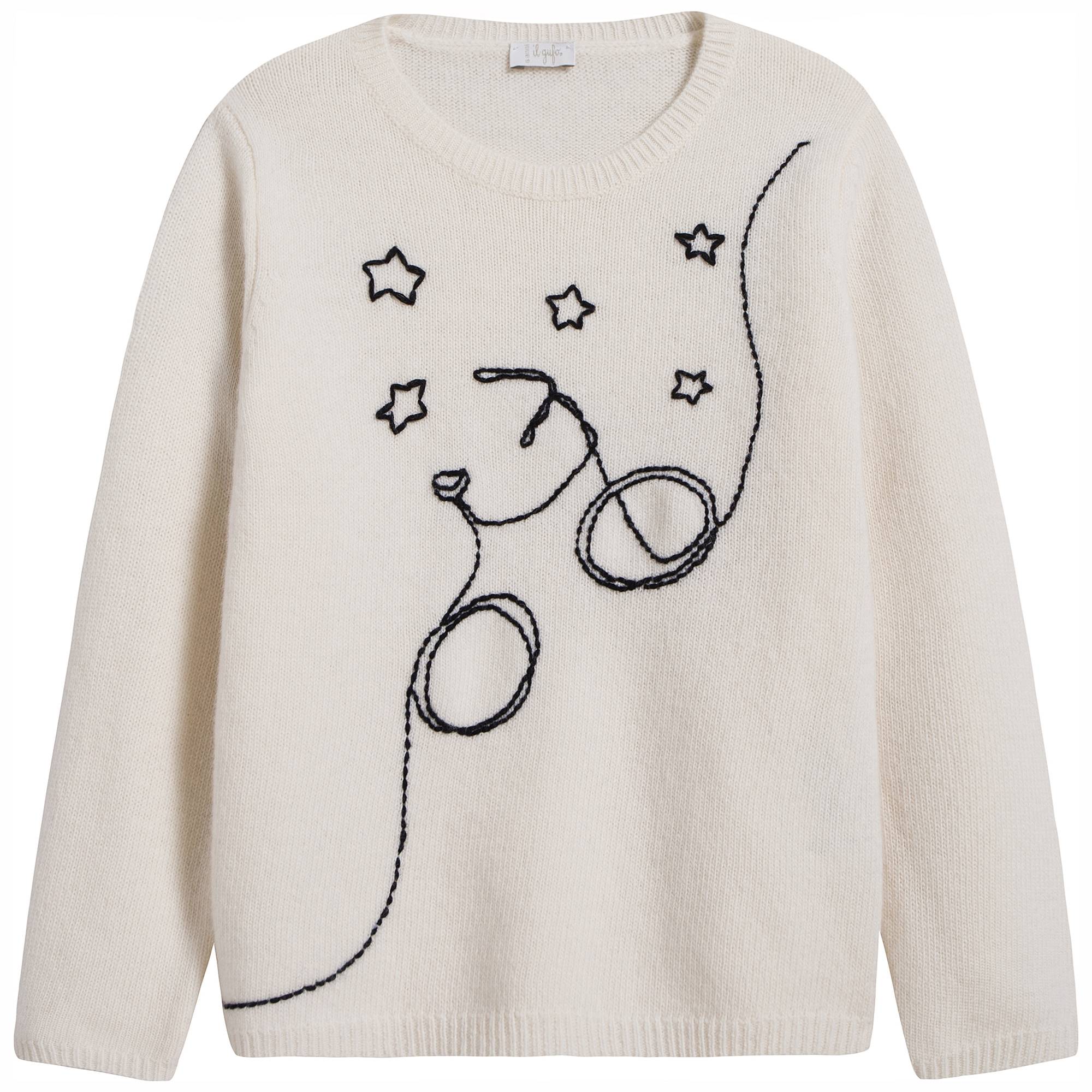 Girls White Embroidered Wool Sweater
