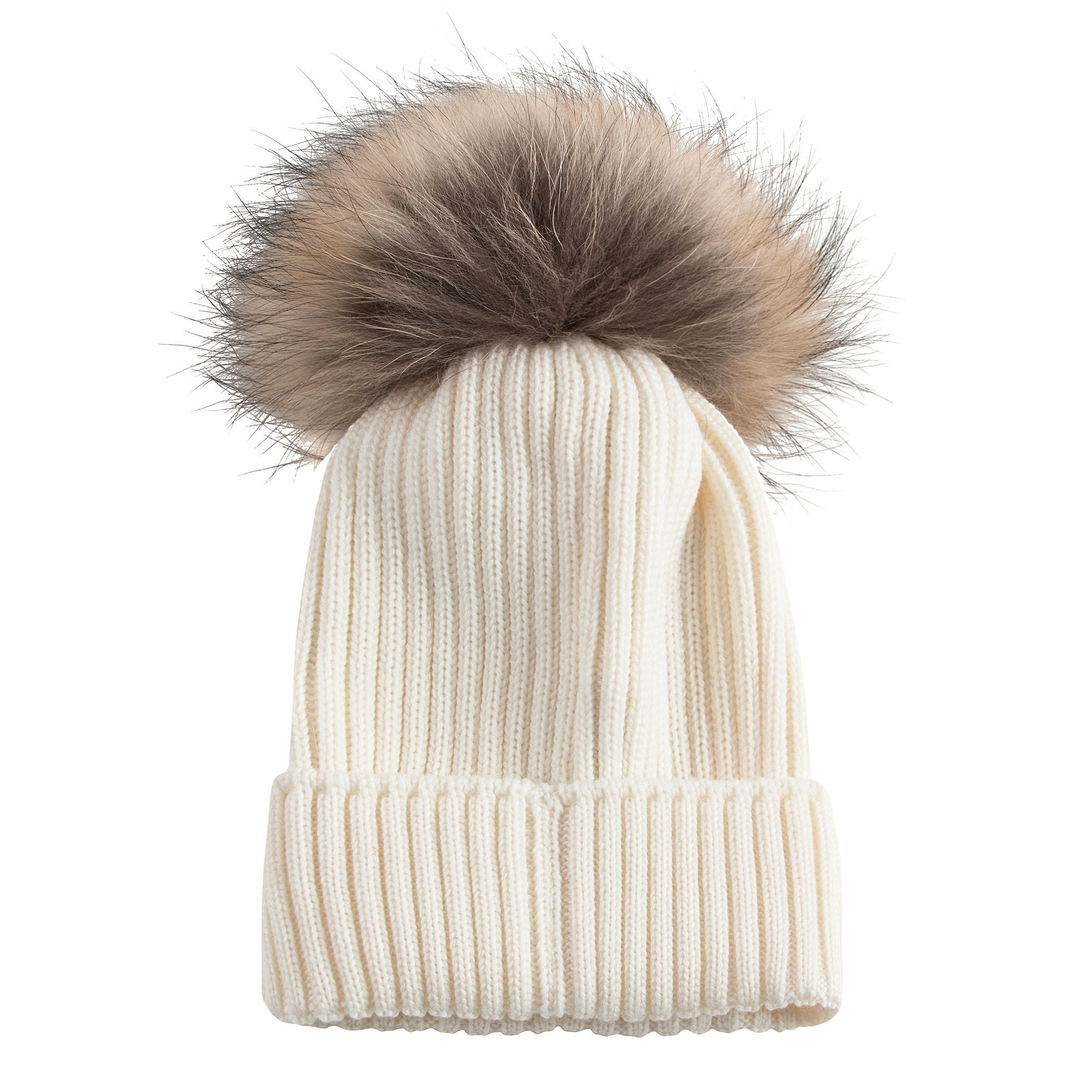 Boys & Girls Ivory Knitted Hat With Fur Pom-Pom Trim