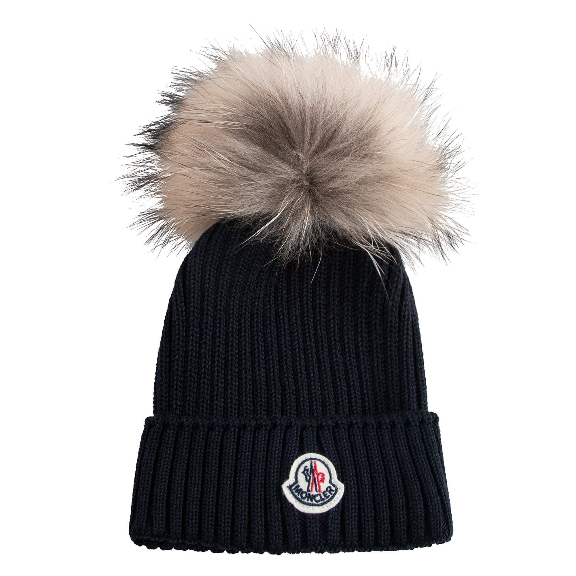 Boys & Girls Navy Blue Knitted Hat With Fur Pom-Pom Trim