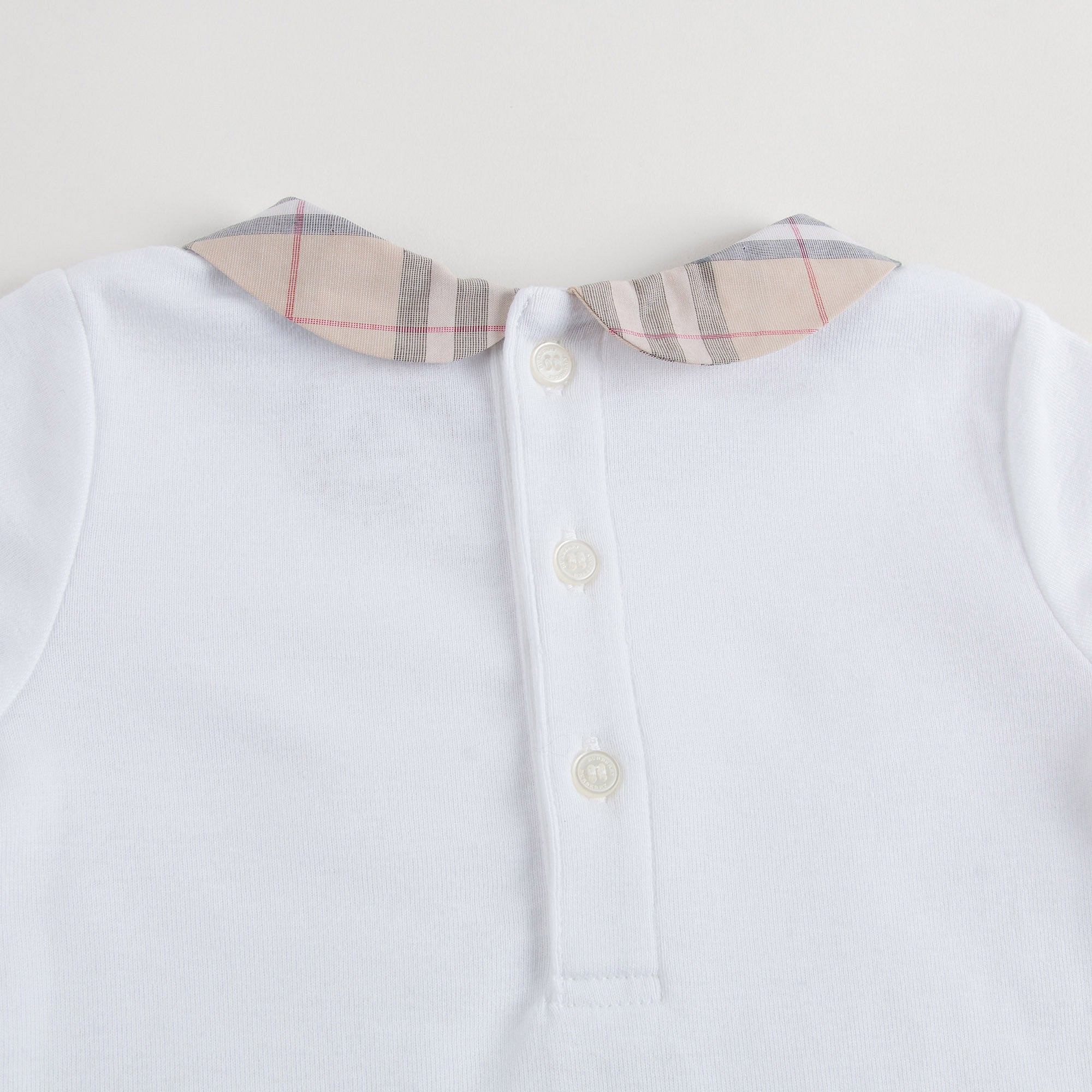 Baby White Cotton Babysuit With Check Collar