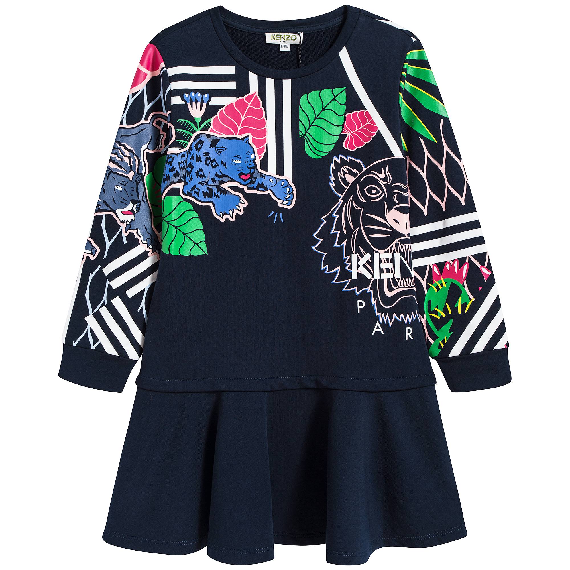 Girls Navy Printed Cotton Dress