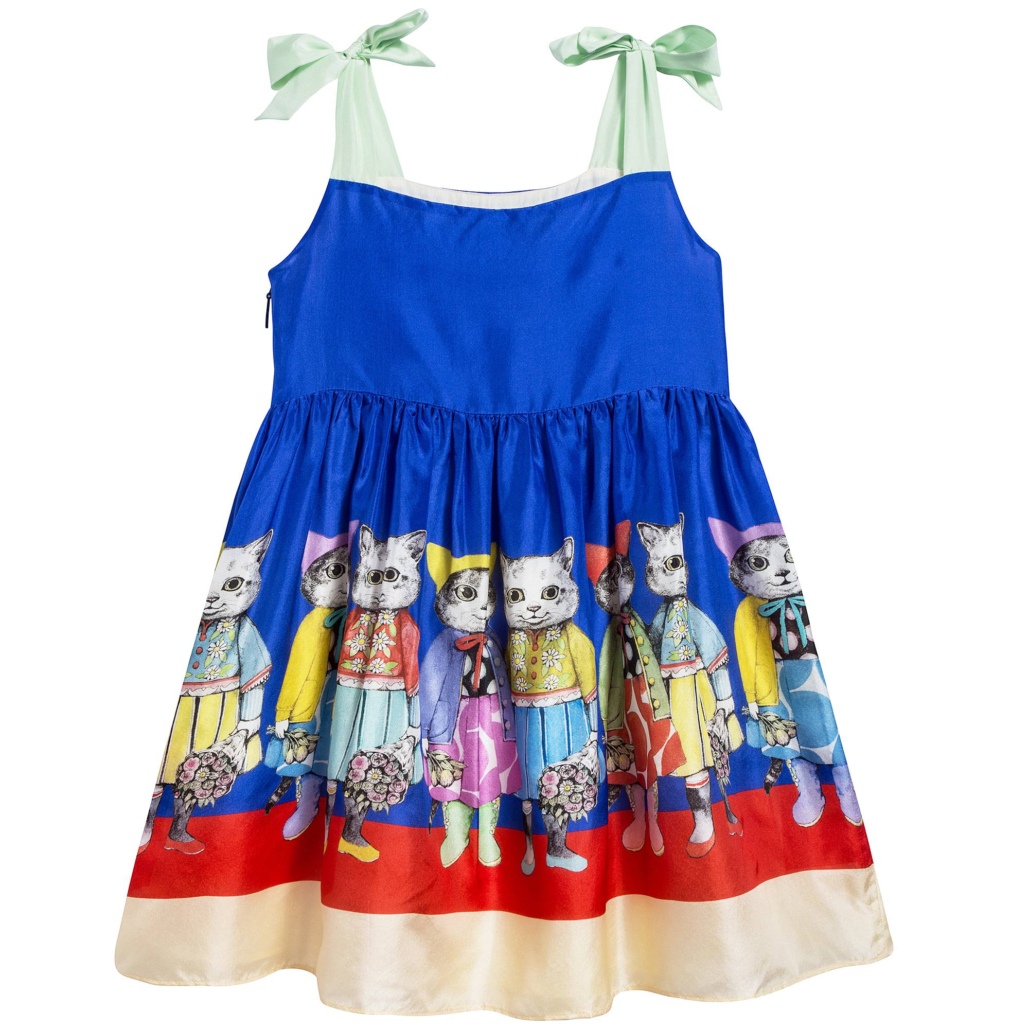 Girls Blue Silk Cat Print Dress