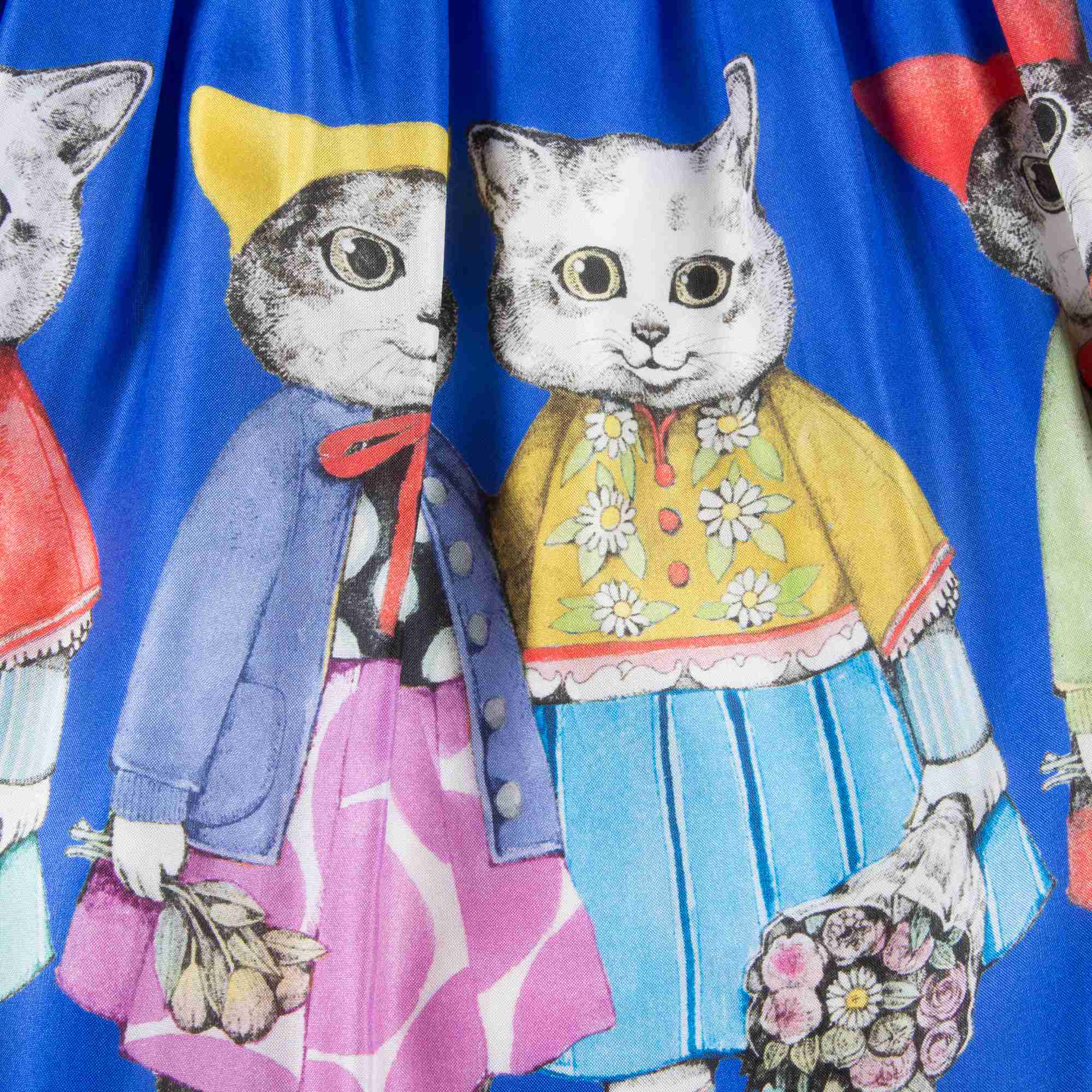 Girls Blue Silk Cat Print Dress