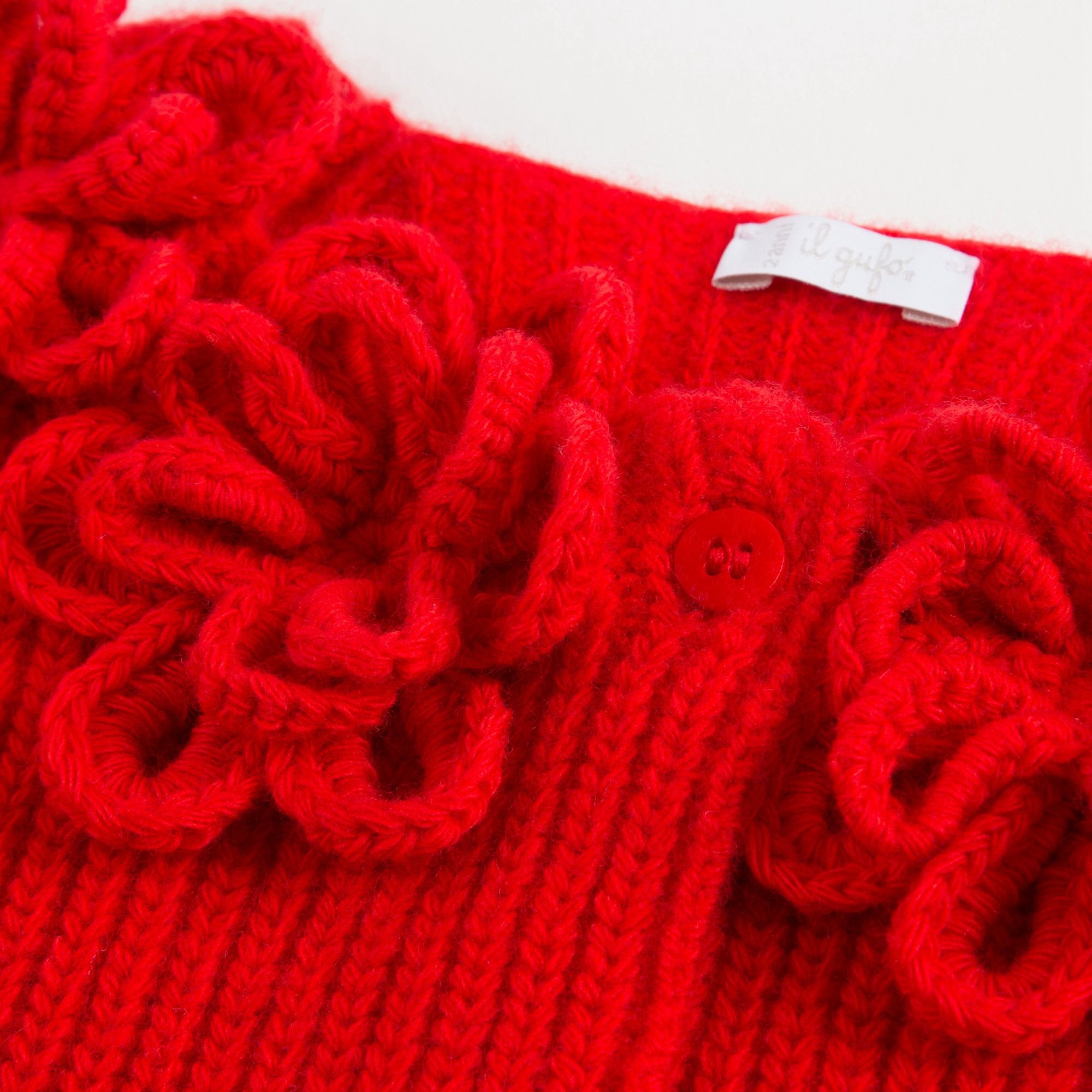 Girls Red Wool Cardigan With Flower Trims