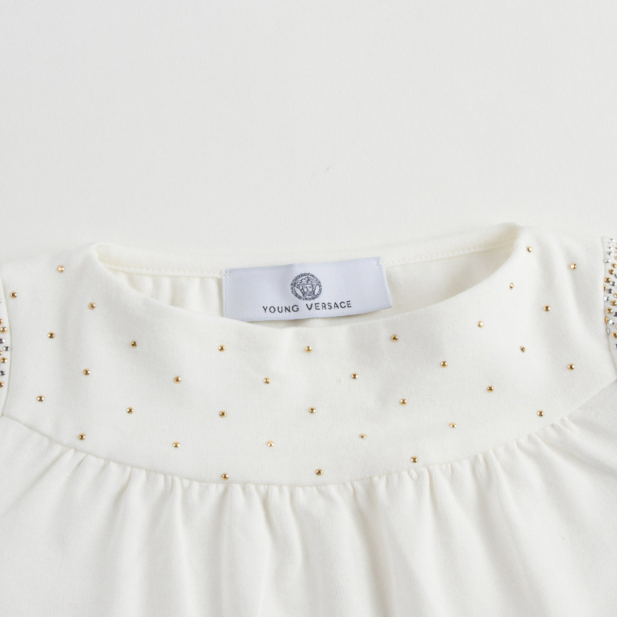 Chemisier en Coton Blanc pour Bébé Fille avec Bordures en Strass Dorés