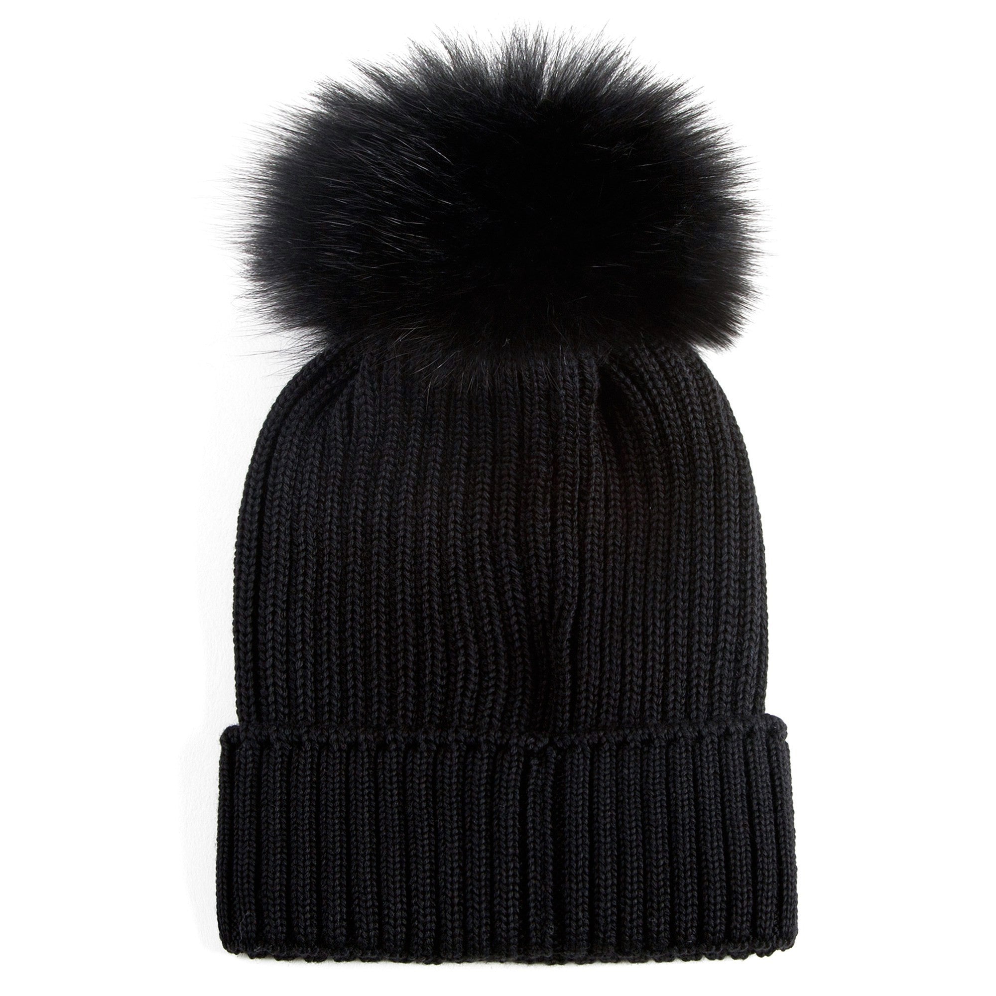 Boys & Girls Black Knitted Hat With Fur Pom-Pom Trim