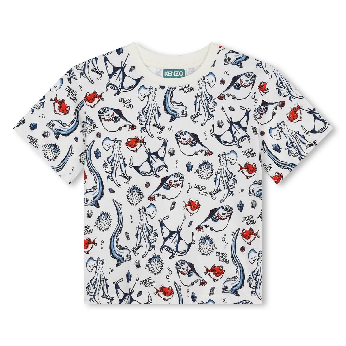 Girls White Printed Cotton T-Shirt