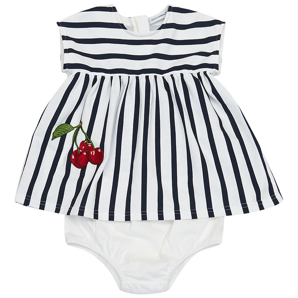 Baby Girls Blue & White striped Dresses With Cherry - CÉMAROSE | Children's Fashion Store - 1