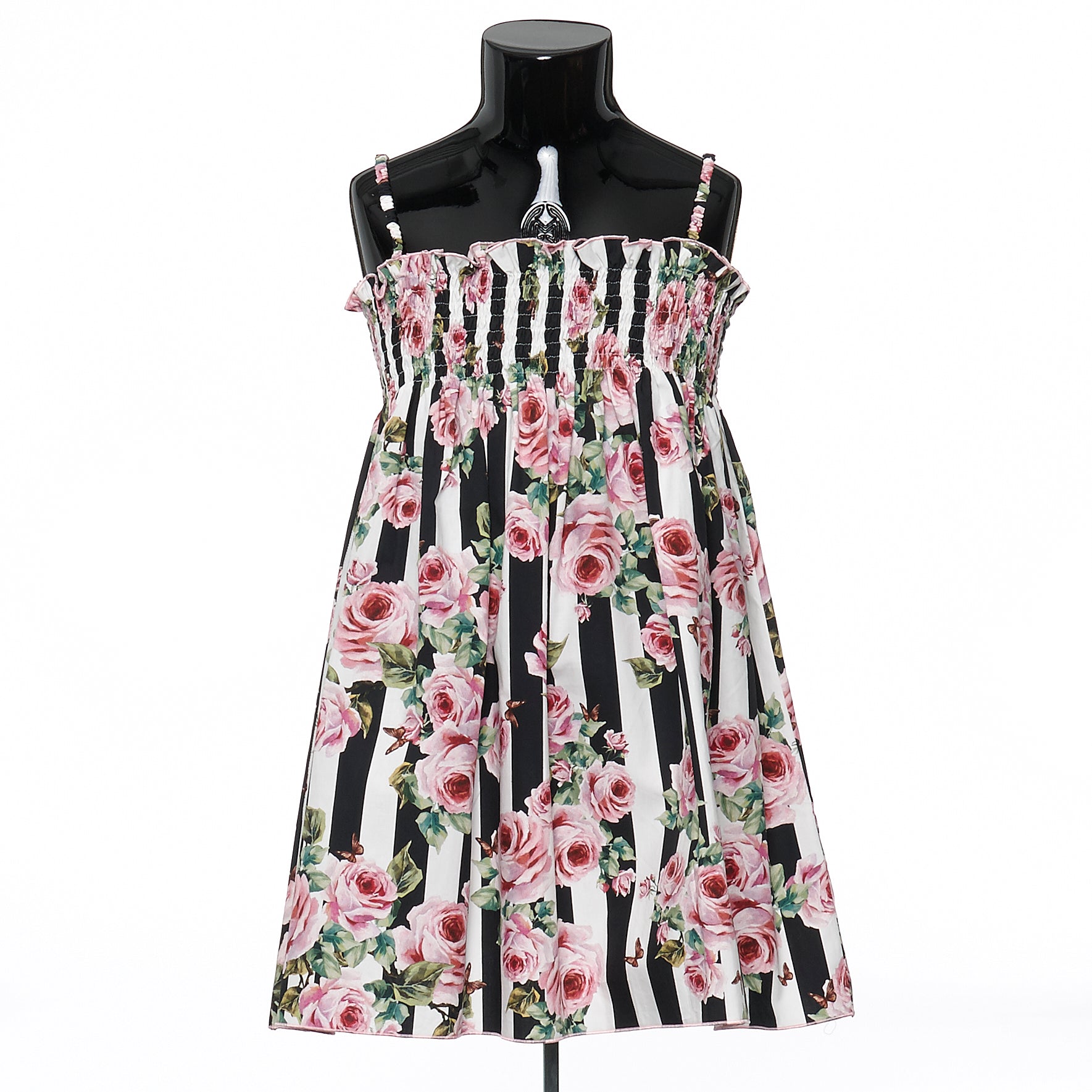 Girls Pink Rose & Blank Striped Dress