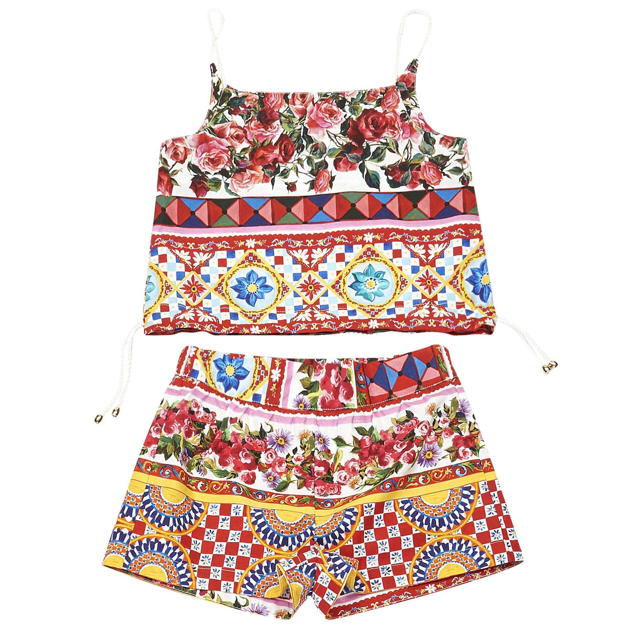 Girls Red Flower Printed Trims Top & Short Set - CÉMAROSE | Children's Fashion Store - 1