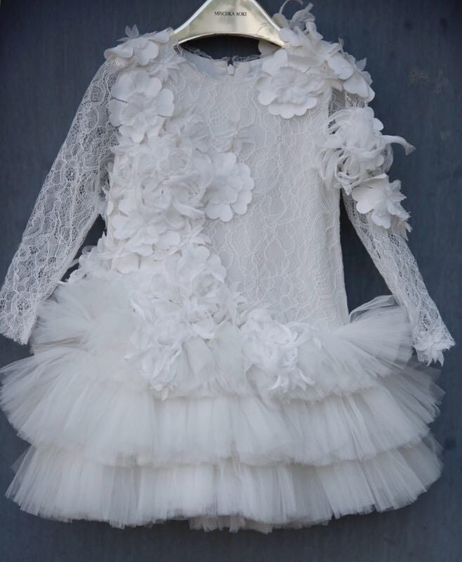Girls White Patch Trims Tullee Long Sleeve Dress - CÉMAROSE | Children's Fashion Store - 1