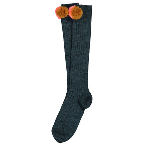 Girls Navy Blue Pompom Trims 'Pompons' Socks - CÉMAROSE | Children's Fashion Store - 1