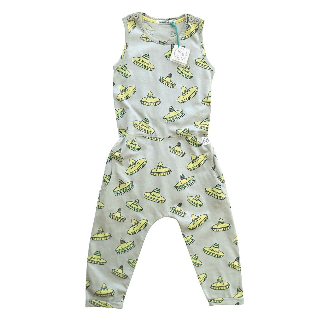 Girls Grey Sombrero Printed Cotton Jumpsuit - CÉMAROSE | Children's Fashion Store - 1