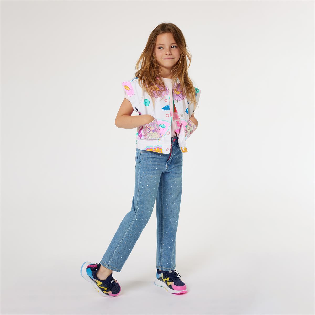 Girls White Printed Gilet