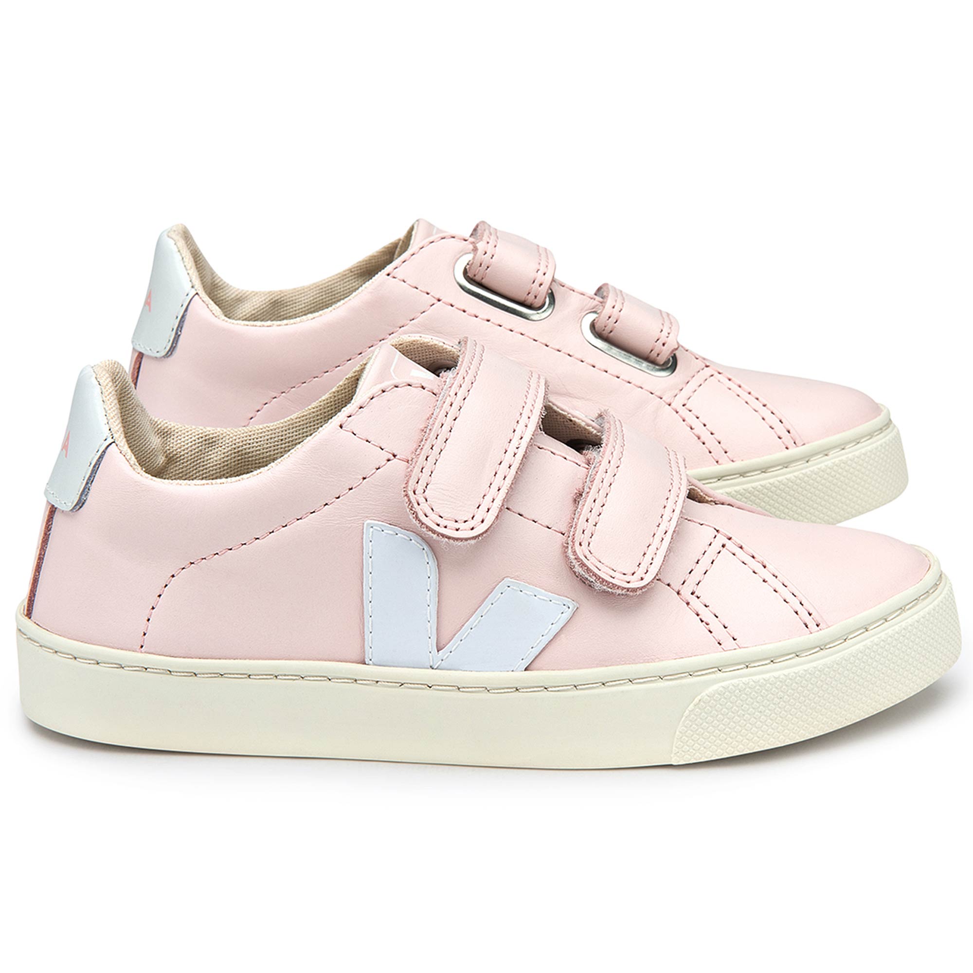 Girls Pink Leather Velcro With White "V" Shoes