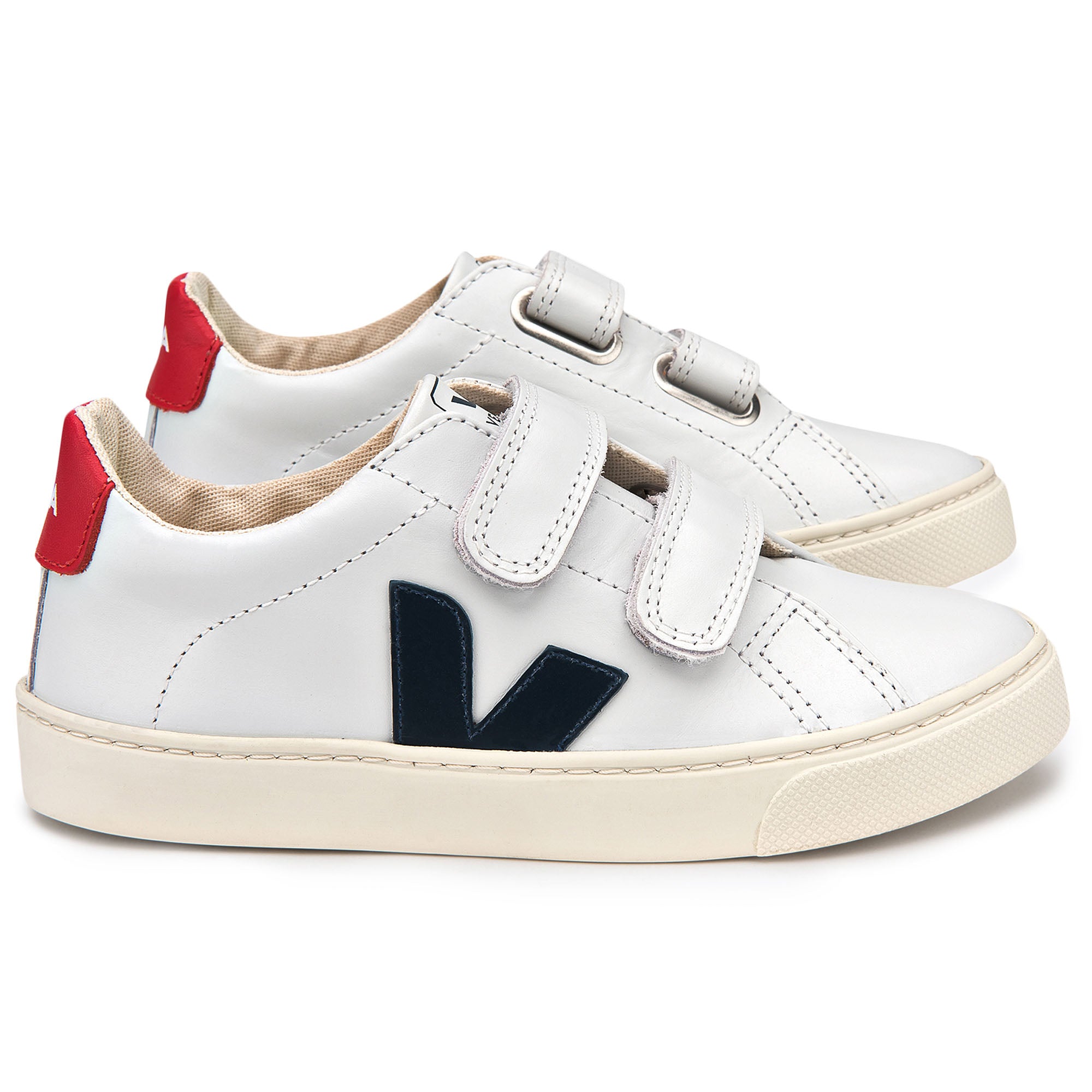 Girls & Boys White Leather Velcro With Navy Blue "V" Shoes