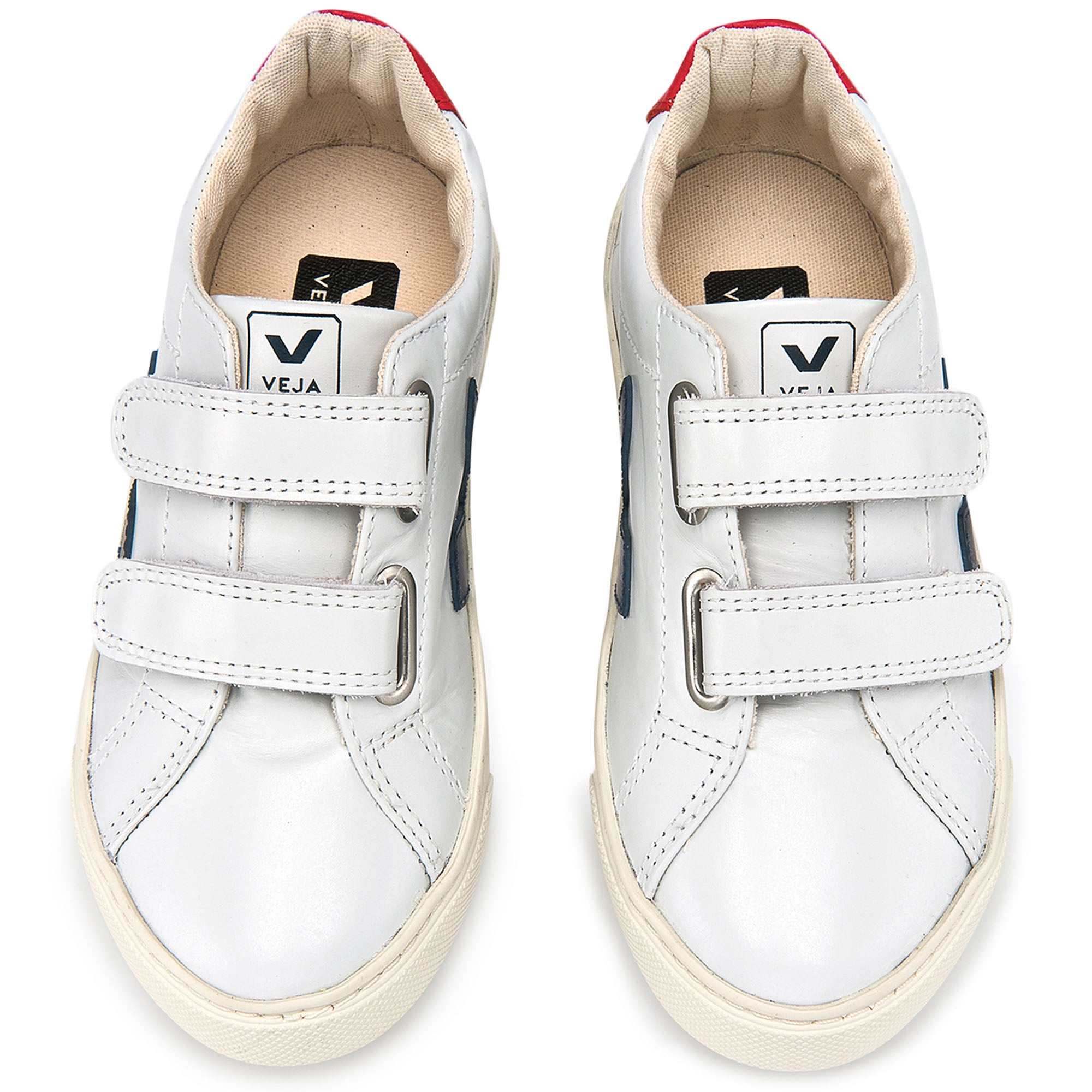 Girls & Boys White Leather Velcro With Navy Blue "V" Shoes