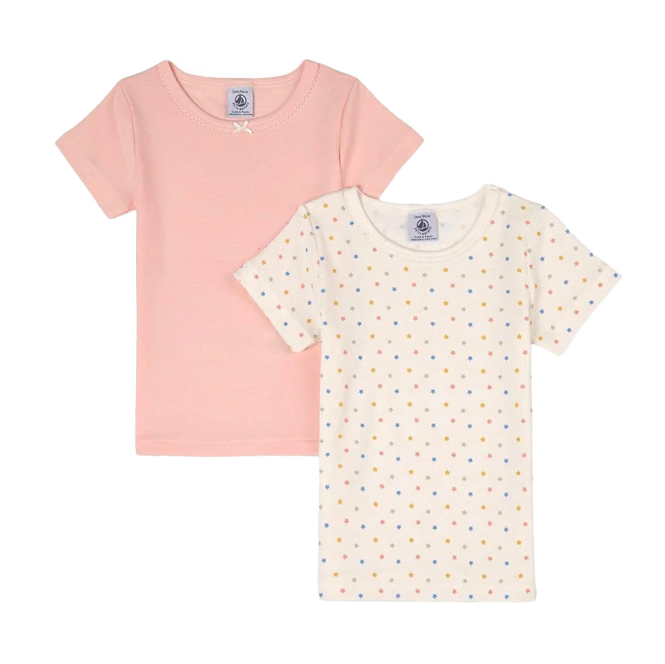 Girls Pink & White Cotton T-Shirt Set (2 Pack)