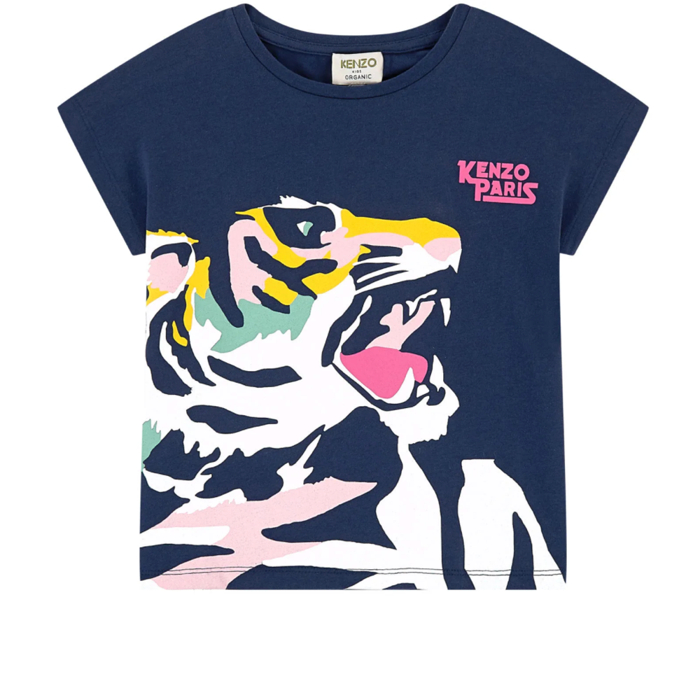 Girls Navy Tiger Cotton T-Shirt