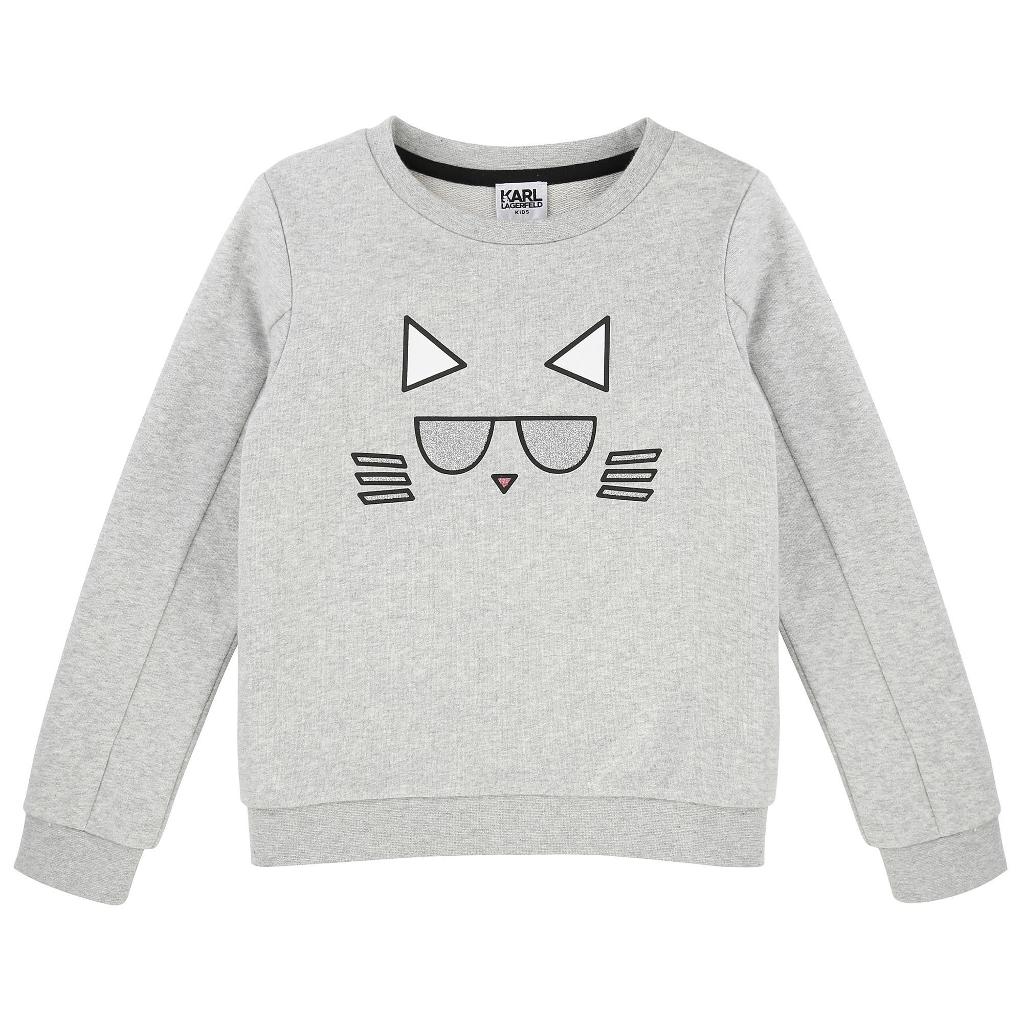 Girls Grey Cat Print Sweatshirt - CÉMAROSE | Children's Fashion Store - 1