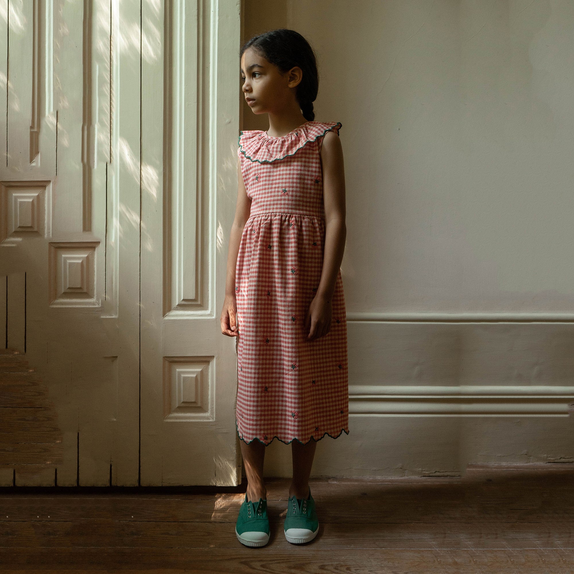Girls Pink Check Embroidered Cotton Dress