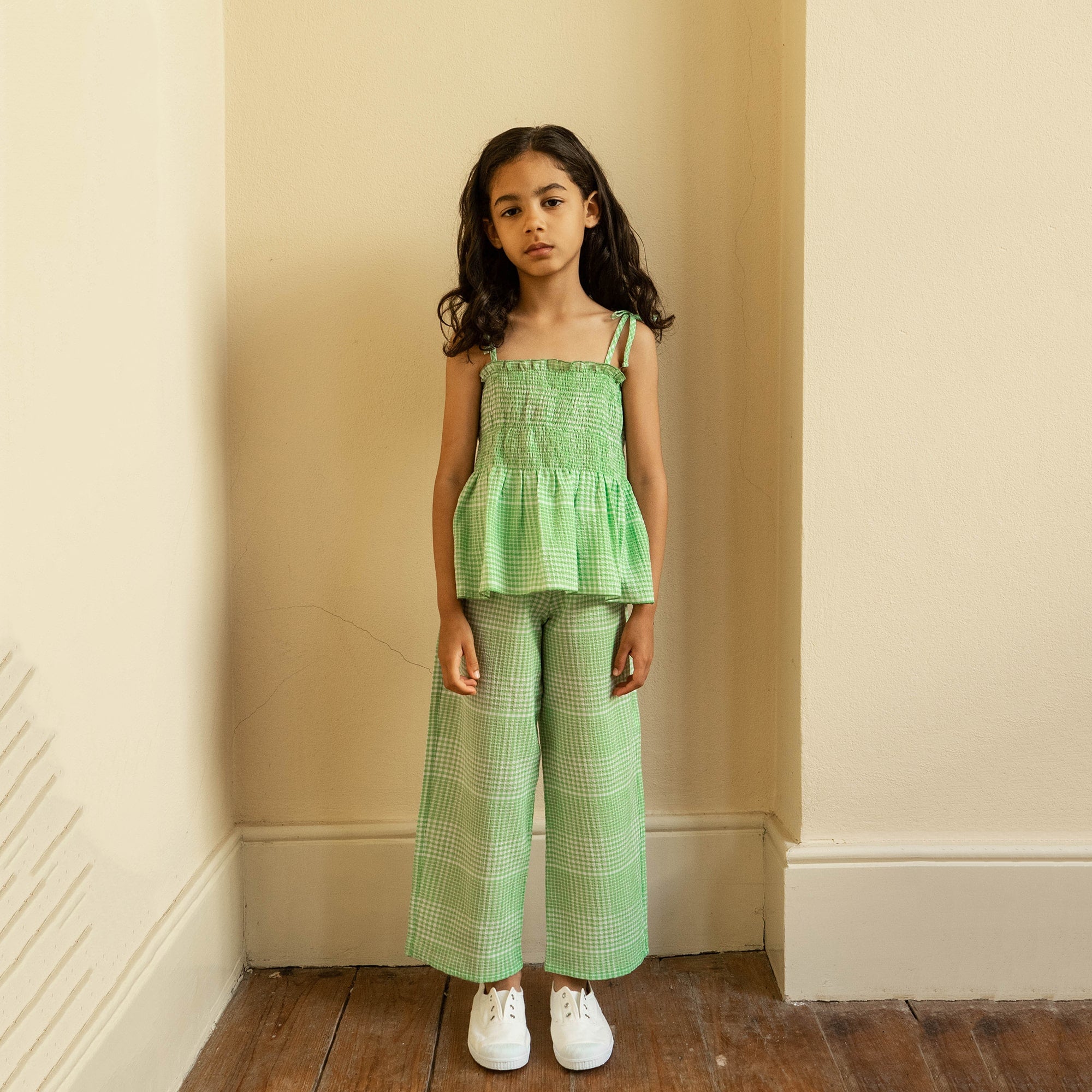 Girls Green Check Cotton Strap Top